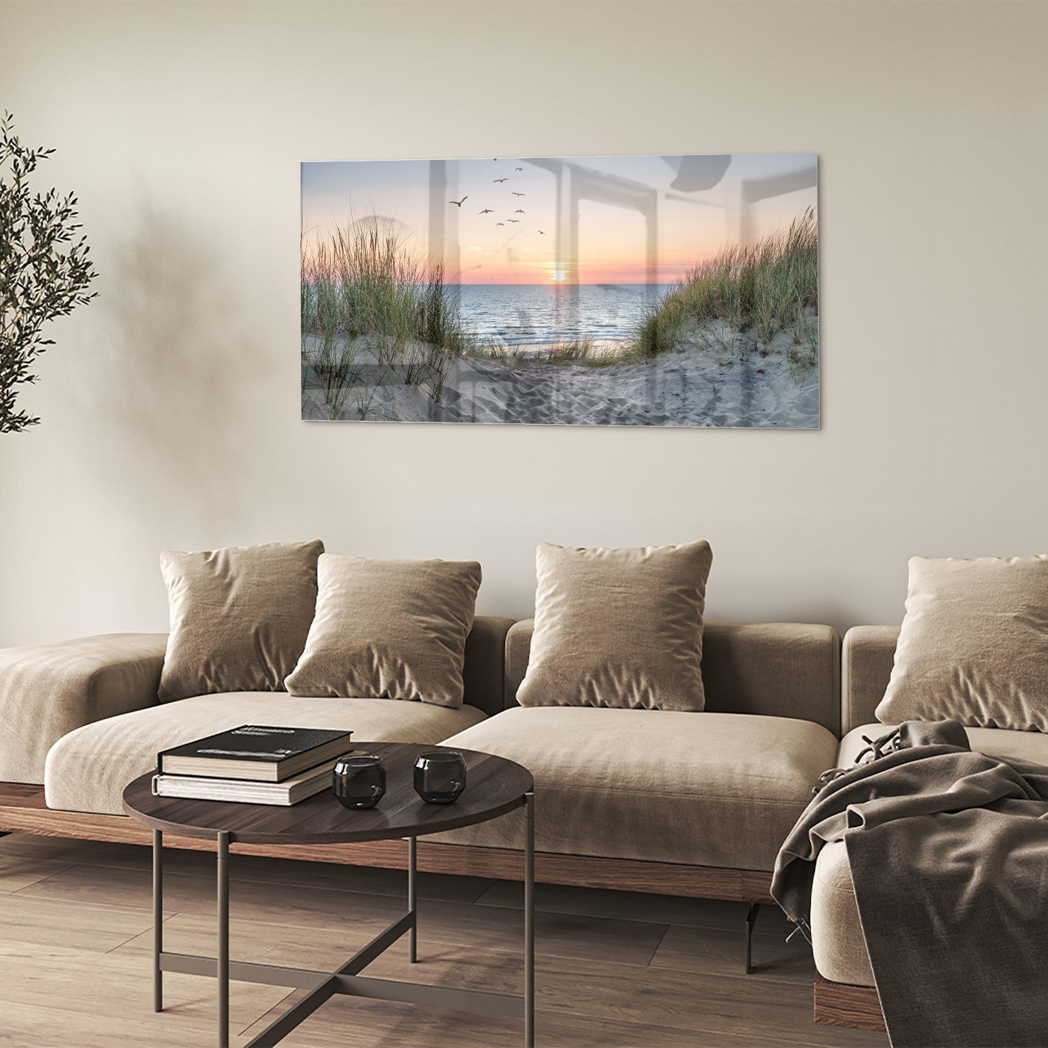 Glasbild mit ruhigem Sonnenuntergang am See – Glasbild aus Sicherheitsglas, Größe 90x60