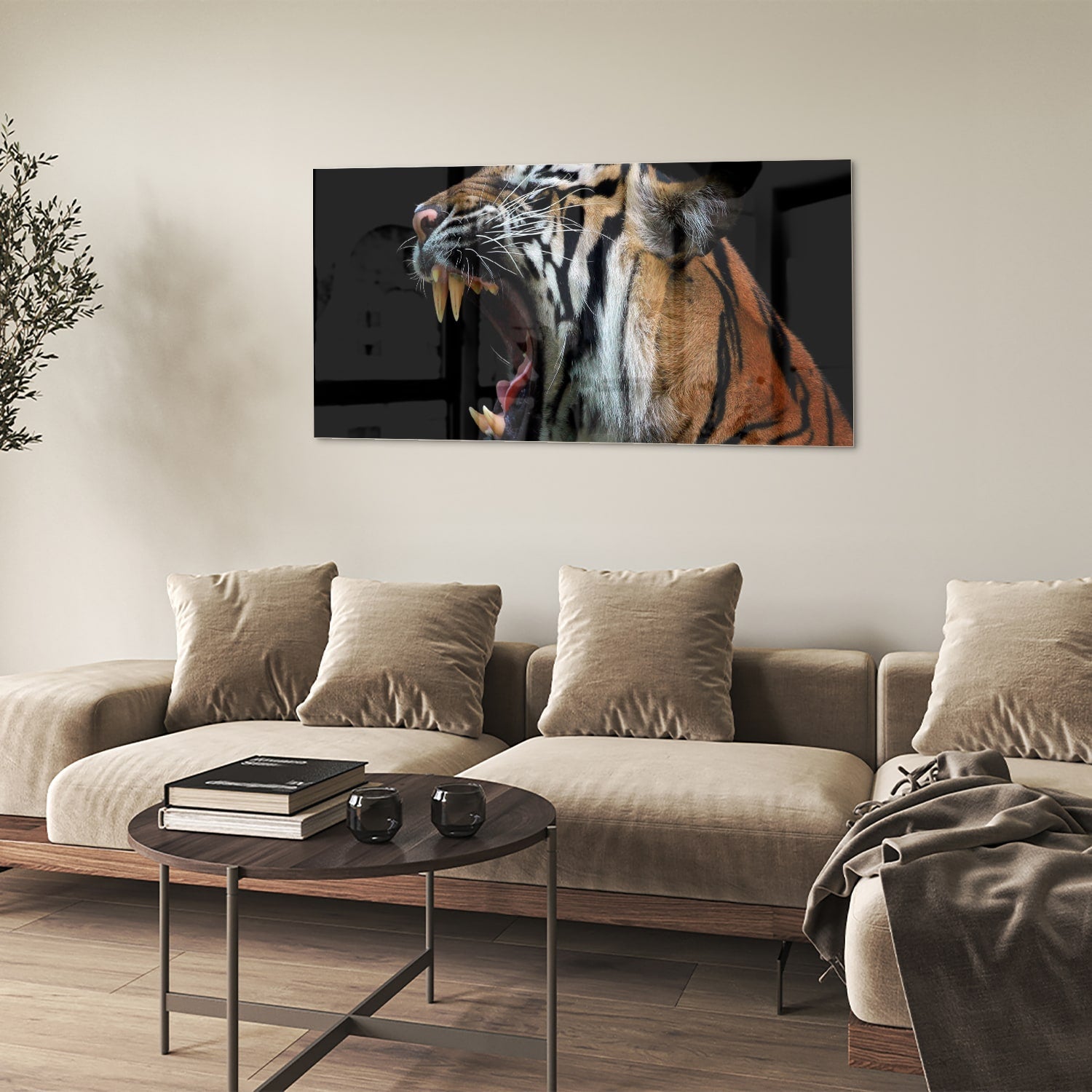 Beeindruckendes Glasbild mit einem brüllenden Tiger – Glasbild aus Sicherheitsglas, Größe 90x60