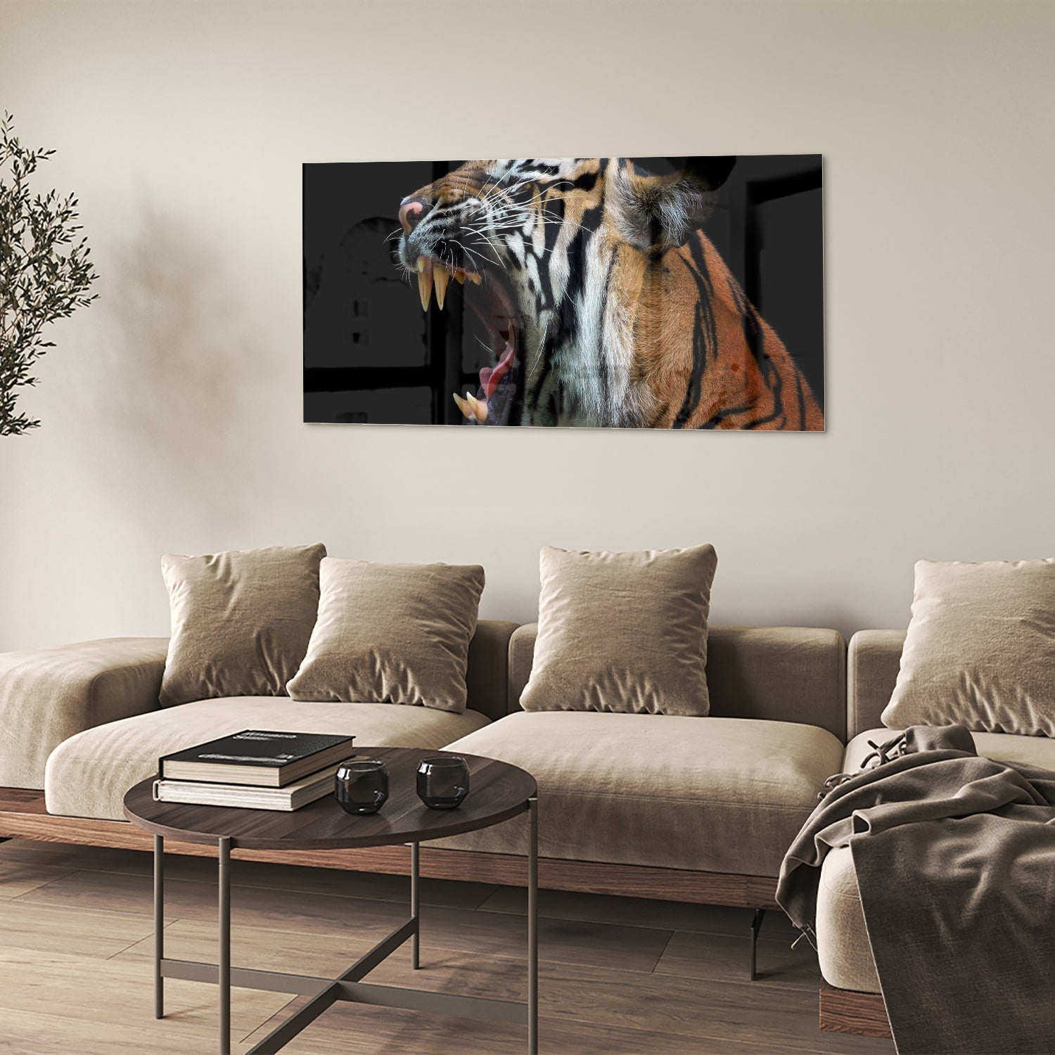 Glasbild beeindruckendes Glas mit einem brullende Tiger als moderne Glas-Wanddekoration aus 4 mm Sicherheitsglas