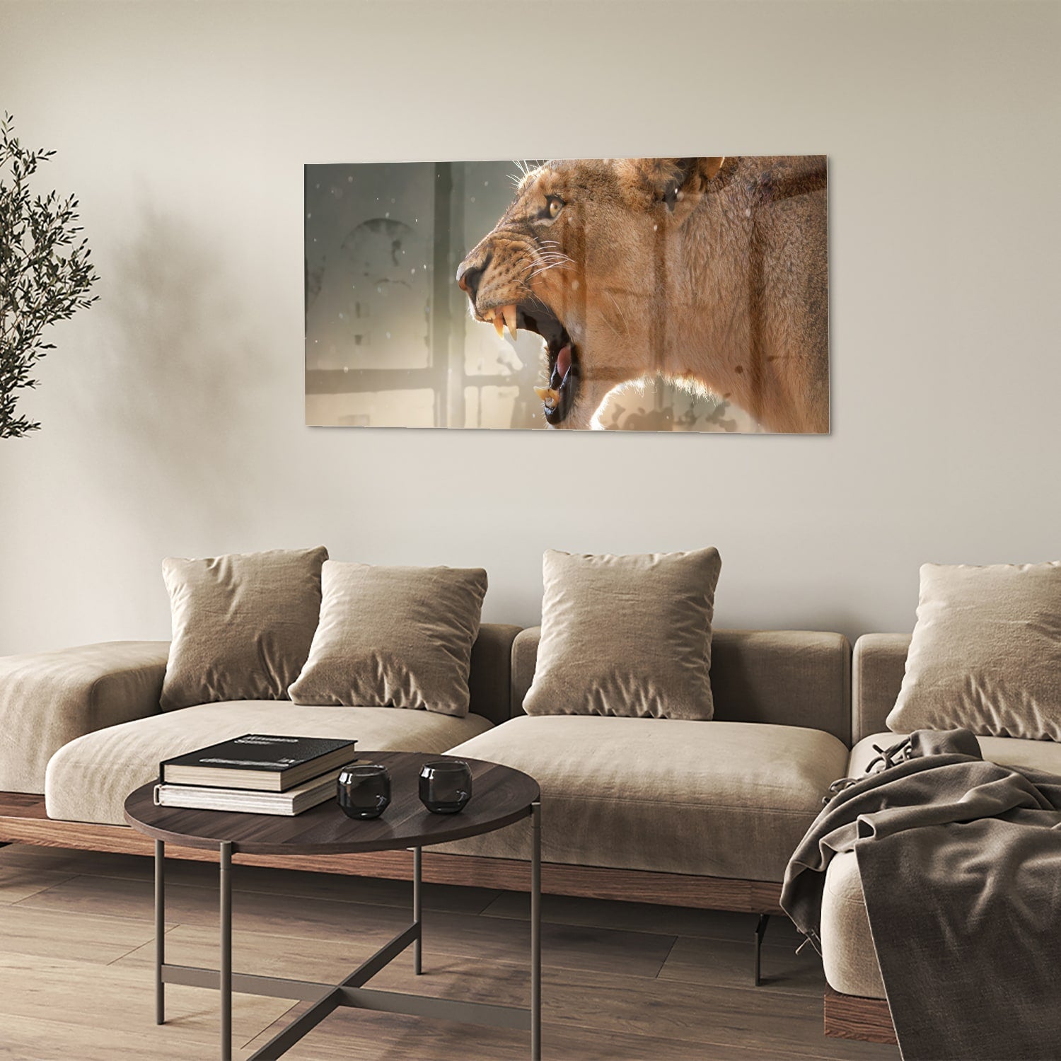 Beeindruckendes Glasbild mit einem brüllenden Löwen – Glasbild aus Sicherheitsglas, Größe 90x60