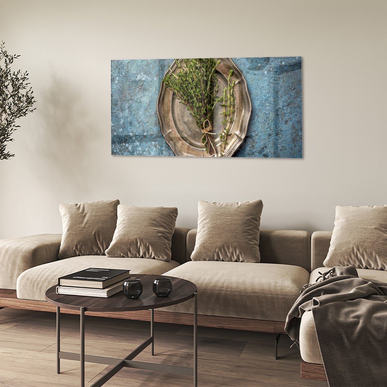 Glasbild mit Grünpflanze in einer antiken Schale – Glasbild aus Sicherheitsglas, Größe 90x60