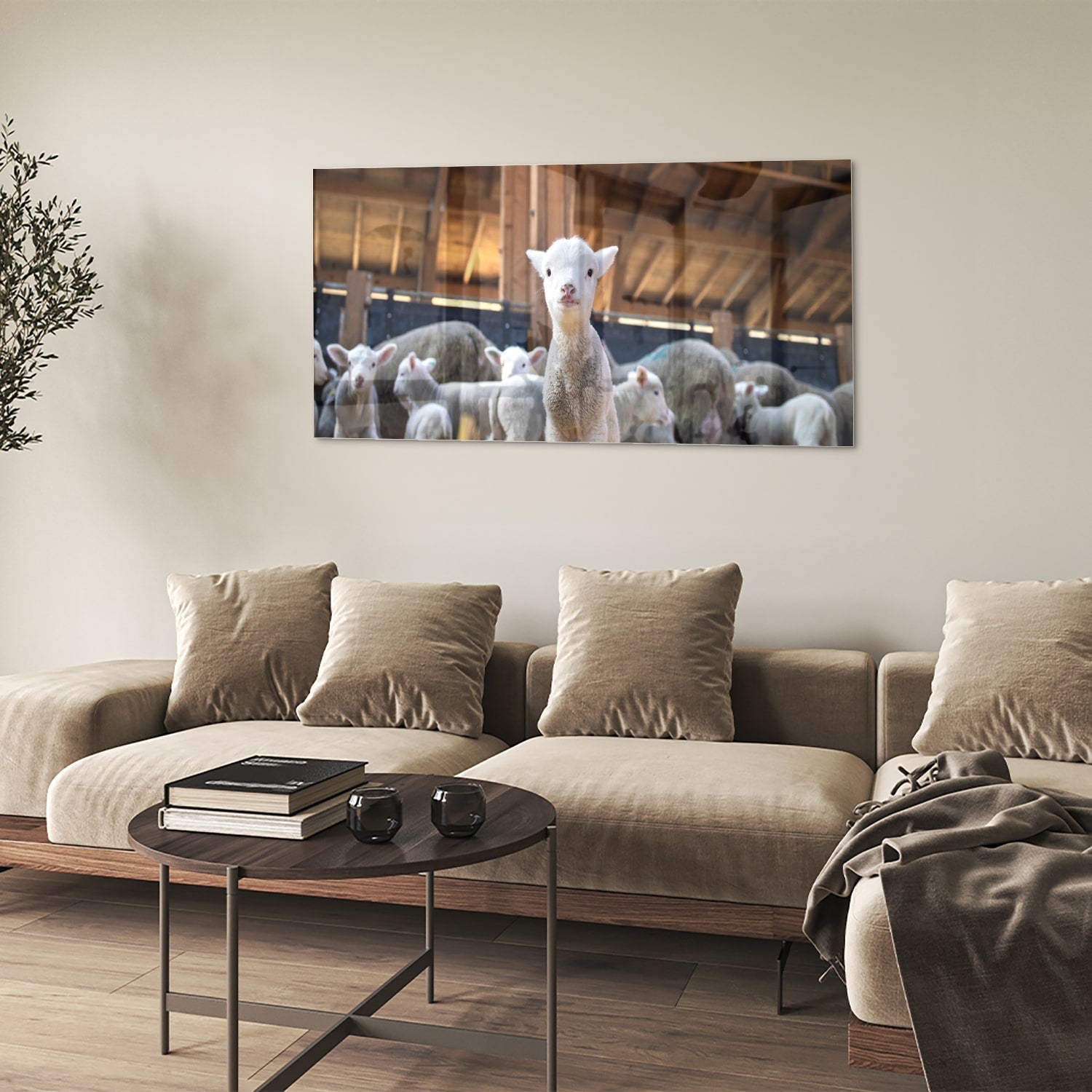 Glasbild – Niedliche Lämmer in einem Stall – Glasbild aus Sicherheitsglas, Größe 90x60