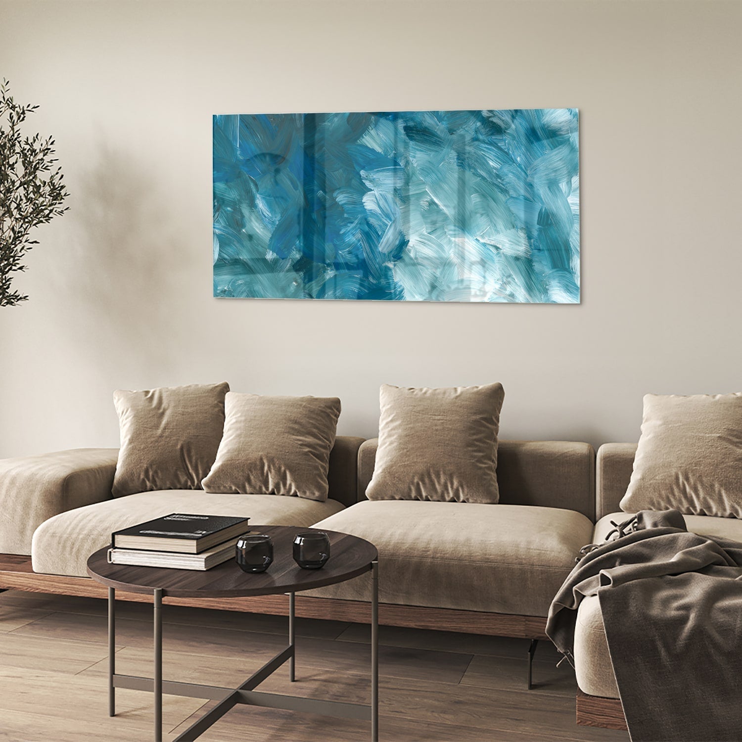 Abstraktes Glasbild in harmonischen Blautönen – Glasbild aus Sicherheitsglas, Größe 90x60