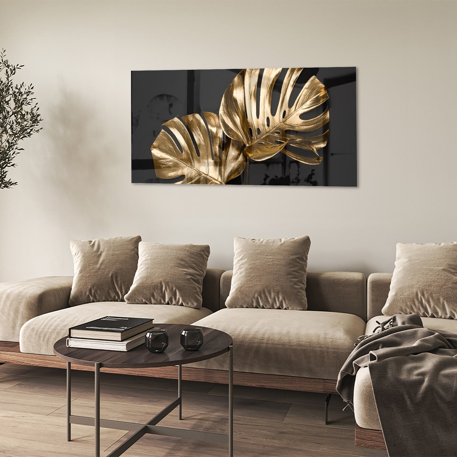 Goldenes Monstera-Glasbild für Wanddekoration – Glasbild aus Sicherheitsglas, Größe 90x60