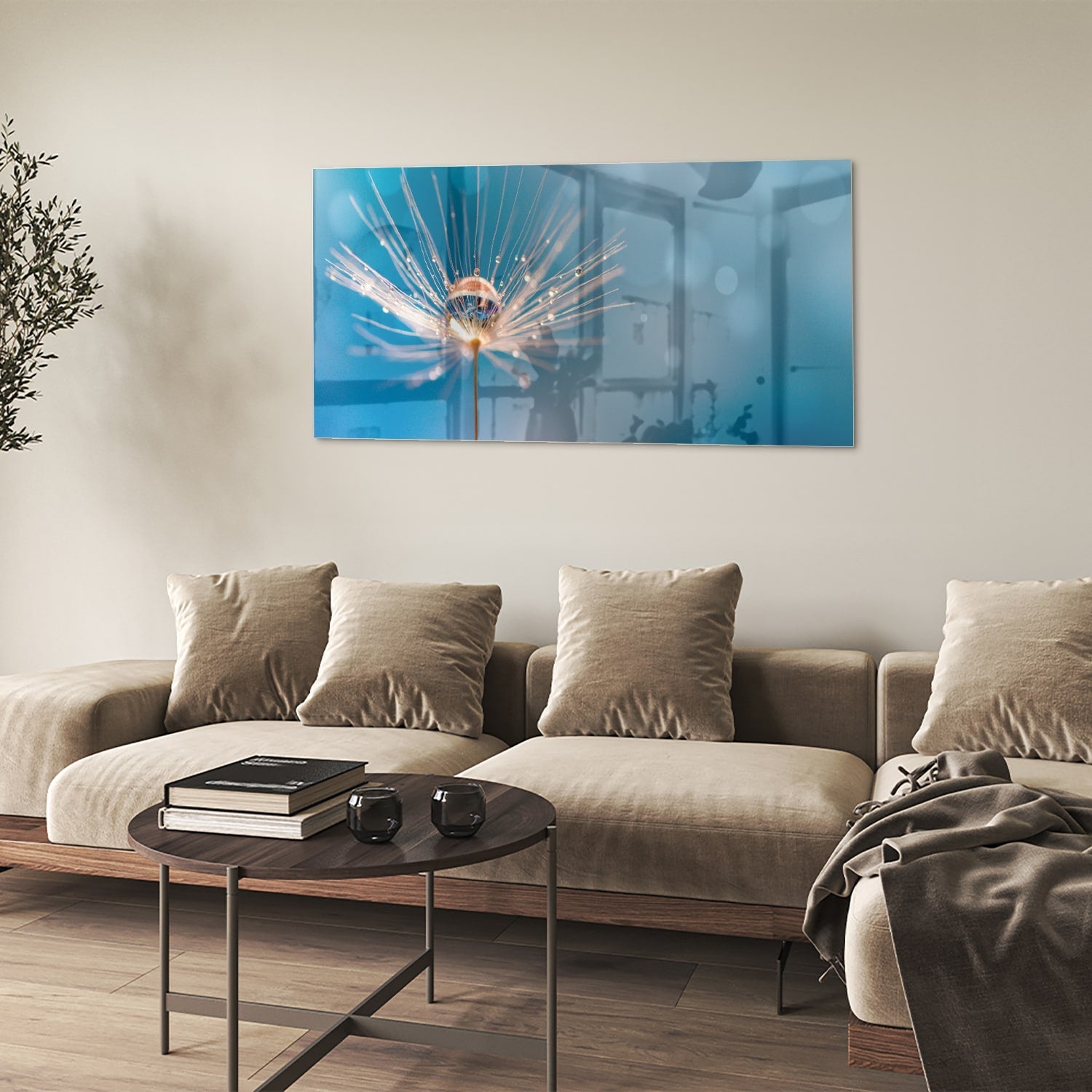 Elegantes Glasbild mit Löwenzahn-Design – Glasbild aus Sicherheitsglas, Größe 90x60