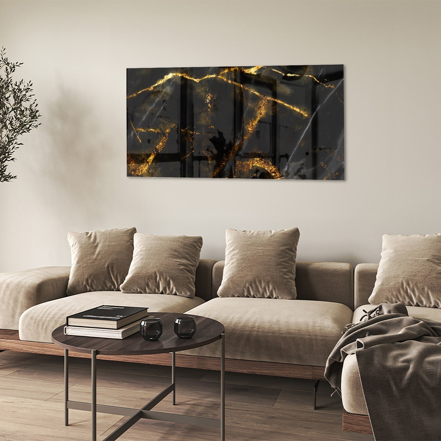 Glasbild mit schwarzem und goldenem Marmordesign – Glasbild aus Sicherheitsglas, Größe 90x60
