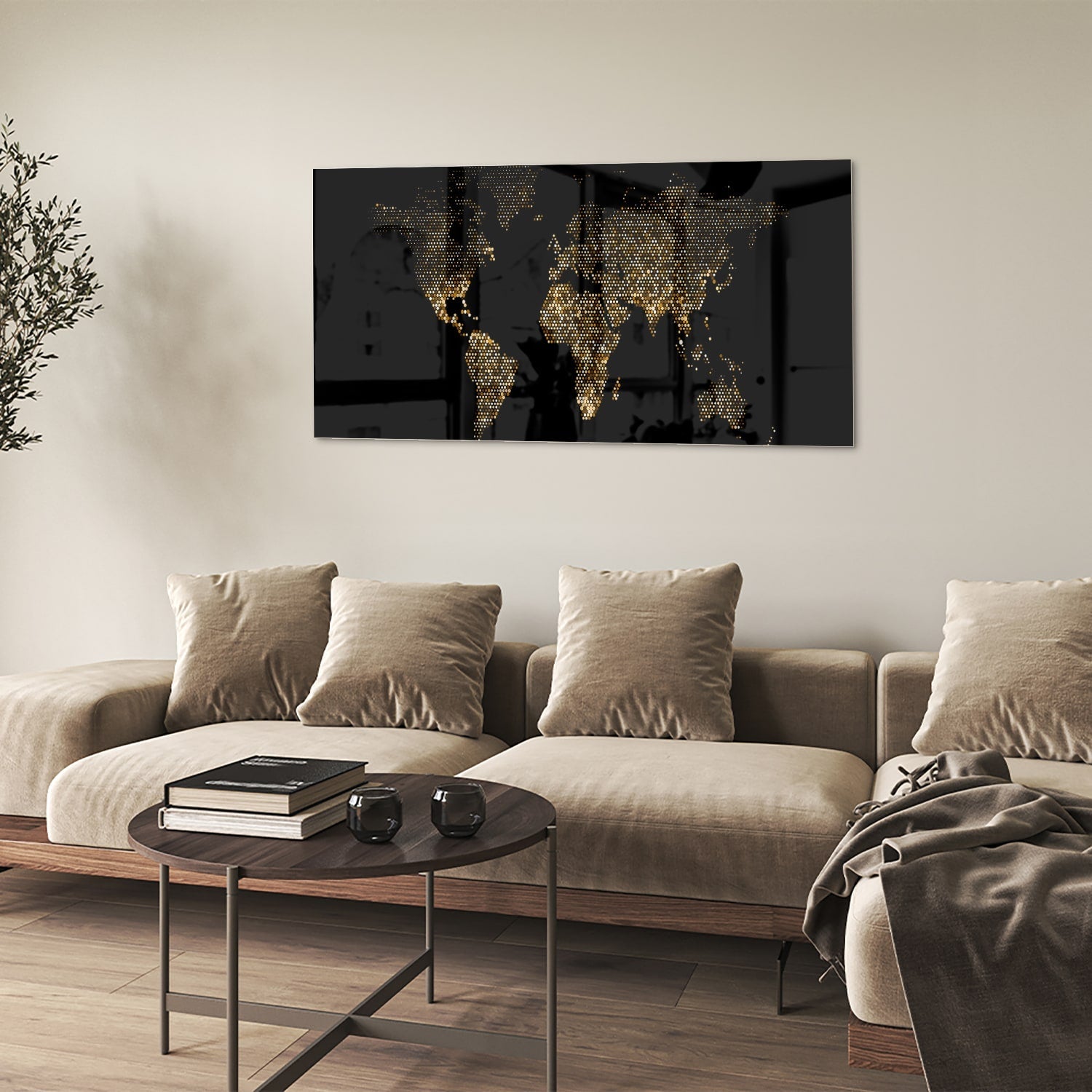 Elegantes Glasbild mit Weltkarte in Schwarz und Gold – Glasbild aus Sicherheitsglas, Größe 90x60