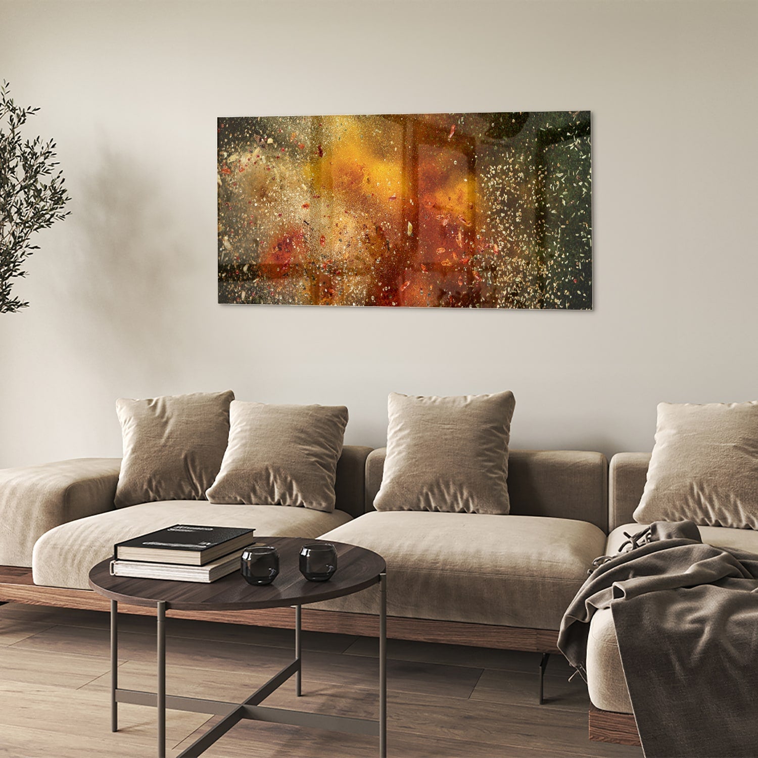 Abstraktes Glasbild mit warmen Farben – Glasbild aus Sicherheitsglas, Größe 90x60