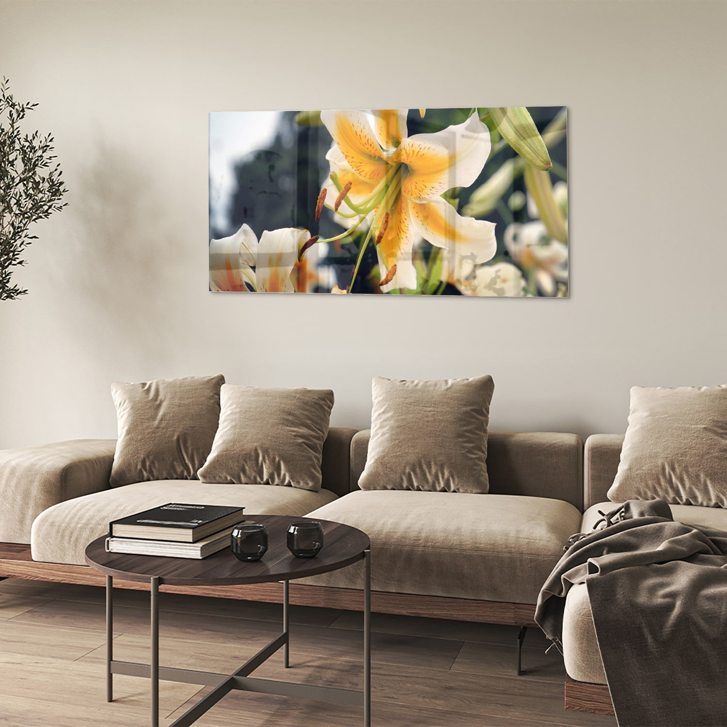Elegantes Glasbild mit Lilien – Glasbild aus Sicherheitsglas, Größe 90x60