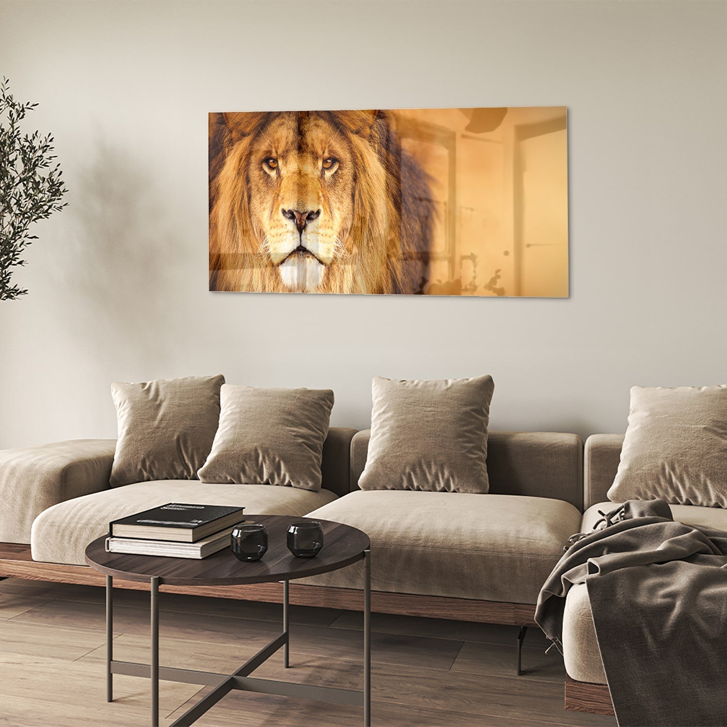 Glasbild mit majestätischem Löwen für Ihr Interieur – Glasbild aus Sicherheitsglas, Größe 90x60