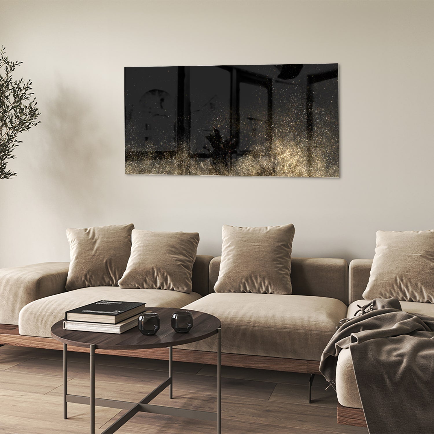 Stilvolles Glasbild mit schwarzen und goldenen Akzenten – Glasbild aus Sicherheitsglas, Größe 90x60