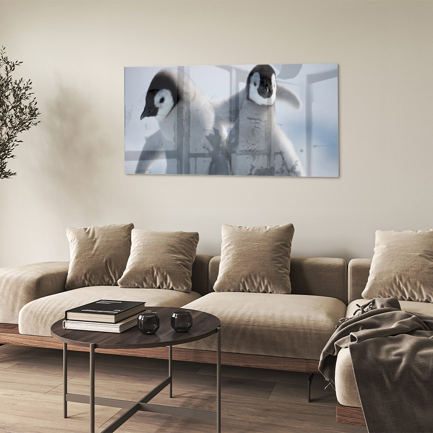 Glasbild mit zwei Pinguinen in winterlicher Atmosphäre – Glasbild aus Sicherheitsglas, Größe 90x60