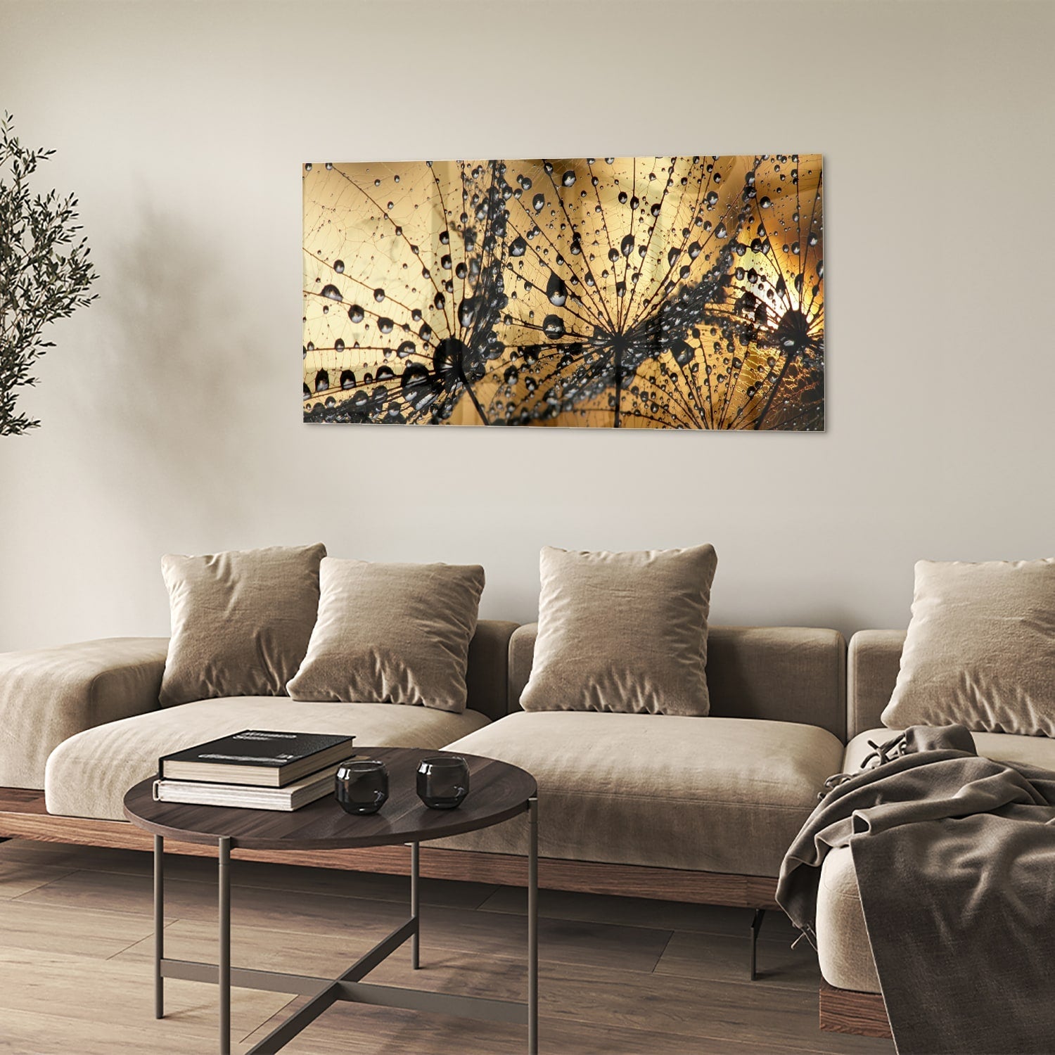 Glasbild mit goldenen Wassertropfen – Glasbild aus Sicherheitsglas, Größe 90x60