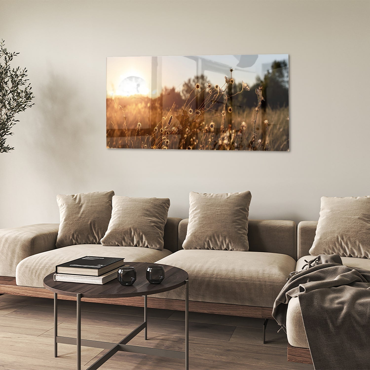 Zauberhaftes Glasbild mit goldenem Sonnenuntergang – Glasbild aus Sicherheitsglas, Größe 90x60