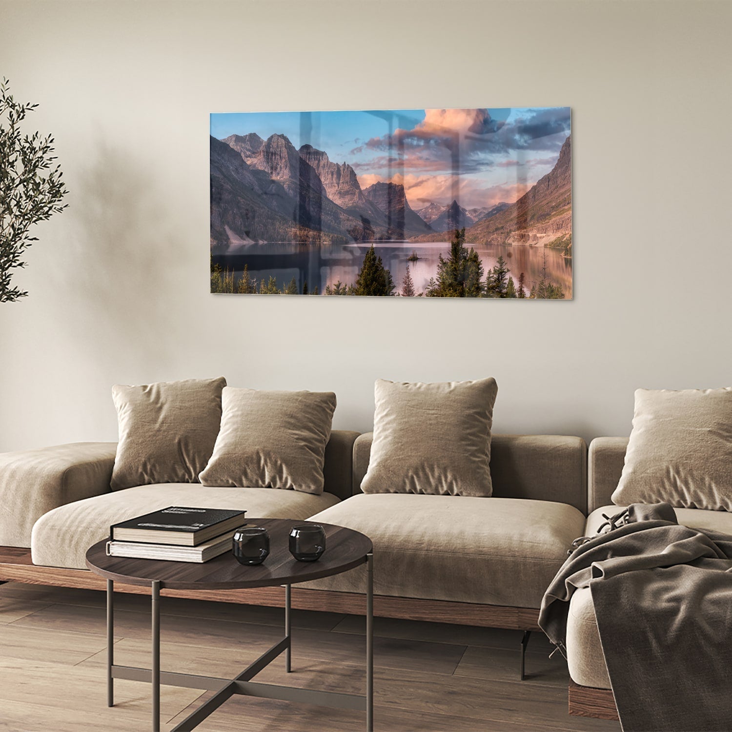 Glasbild mit Bergen bei Sonnenaufgang – Glasbild aus Sicherheitsglas, Größe 90x60