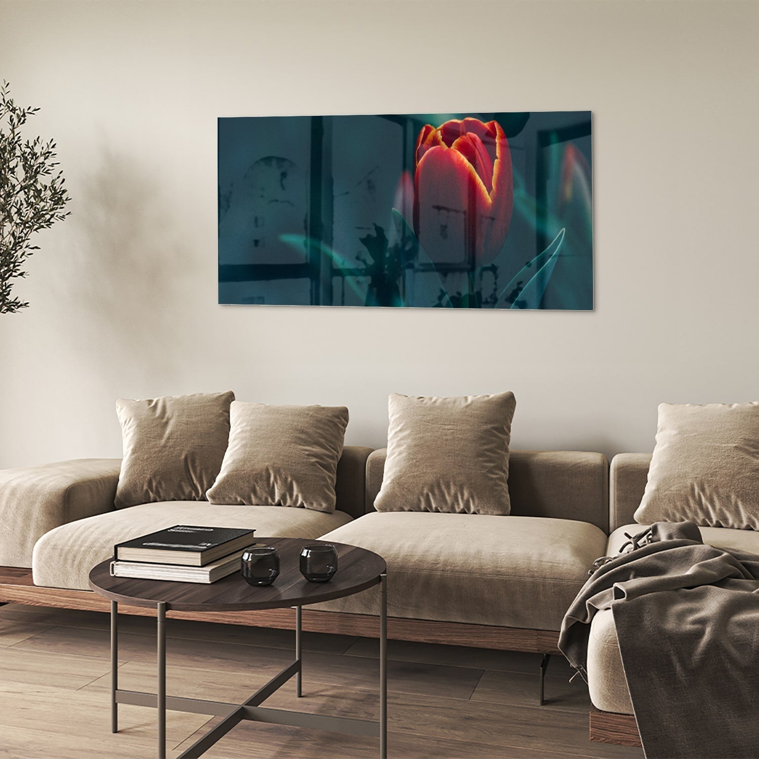 Glasbild mit roter Tulpe in einem modernen Interieur – Glasbild aus Sicherheitsglas, Größe 90x60