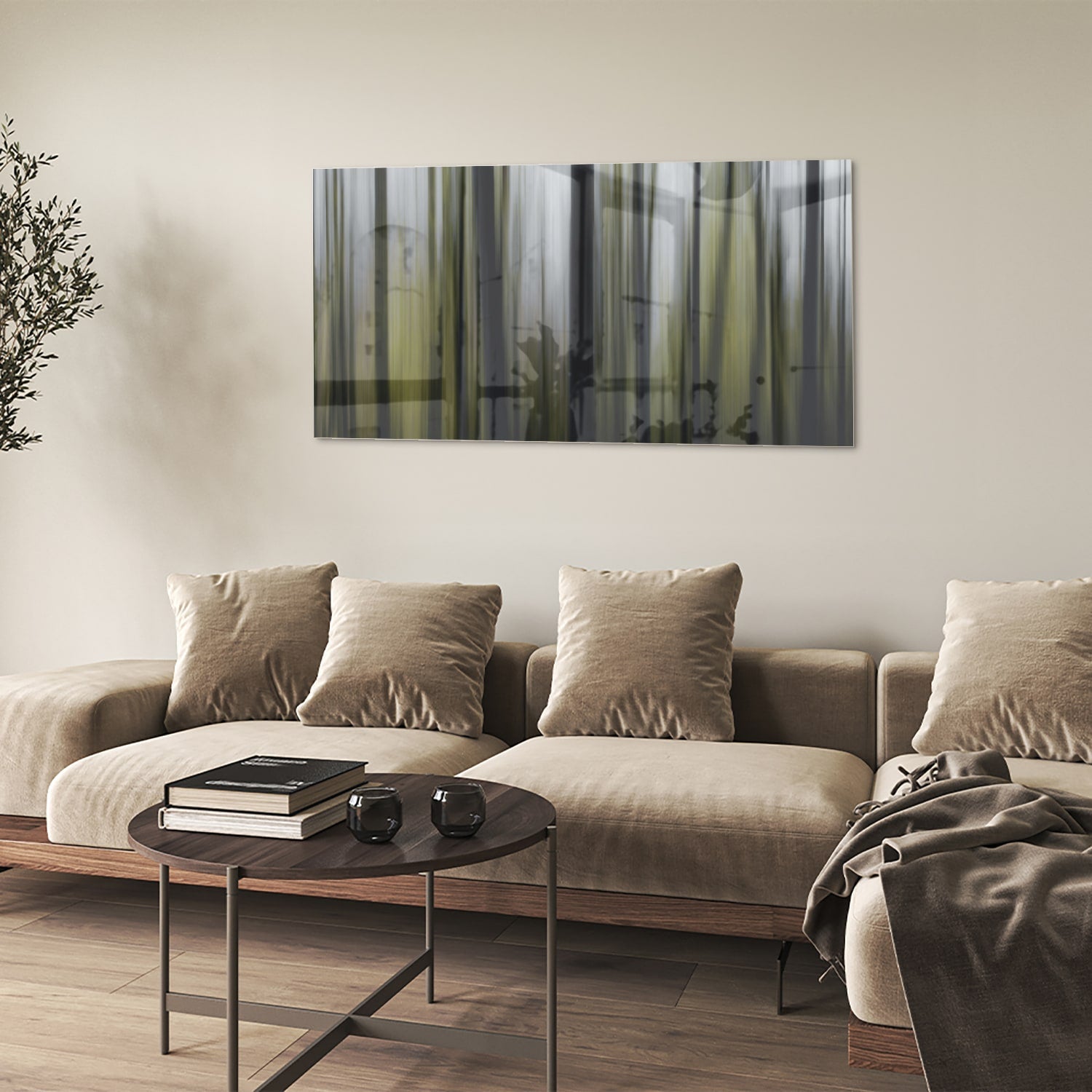 Glasbild mit grünem Bambus in einem modernen Wohnzimmer – Glasbild aus Sicherheitsglas, Größe 90x60