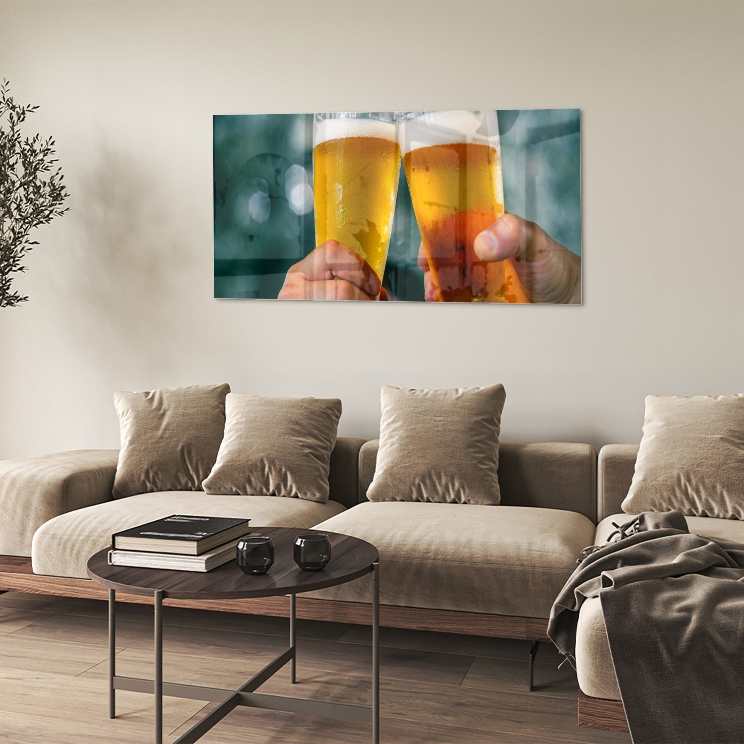 Glasbild mit zwei Biergläsern – Prost – Glasbild aus Sicherheitsglas, Größe 90x60