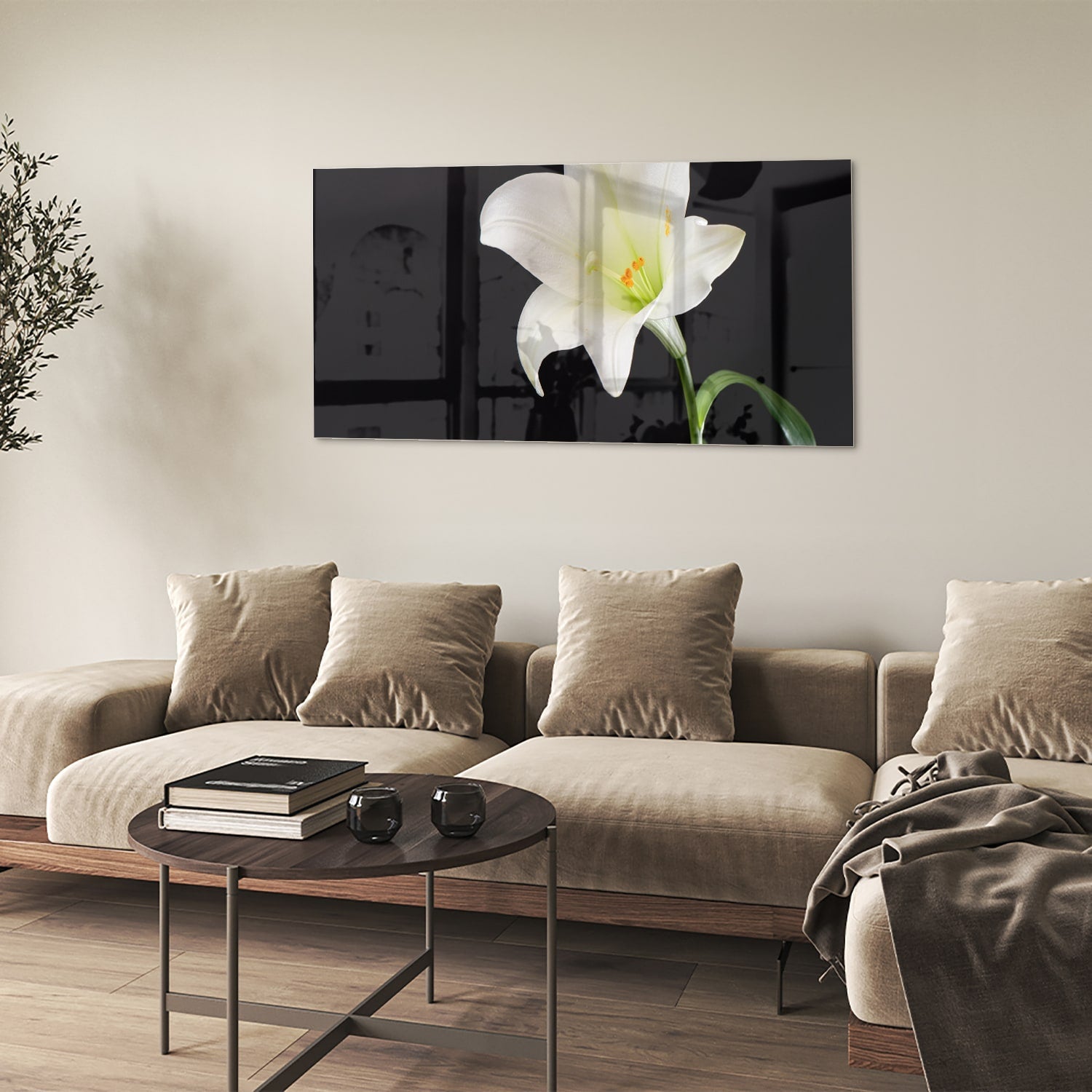 Stilvolles Glasbild mit einer weißen Lilie – Glasbild aus Sicherheitsglas, Größe 90x60