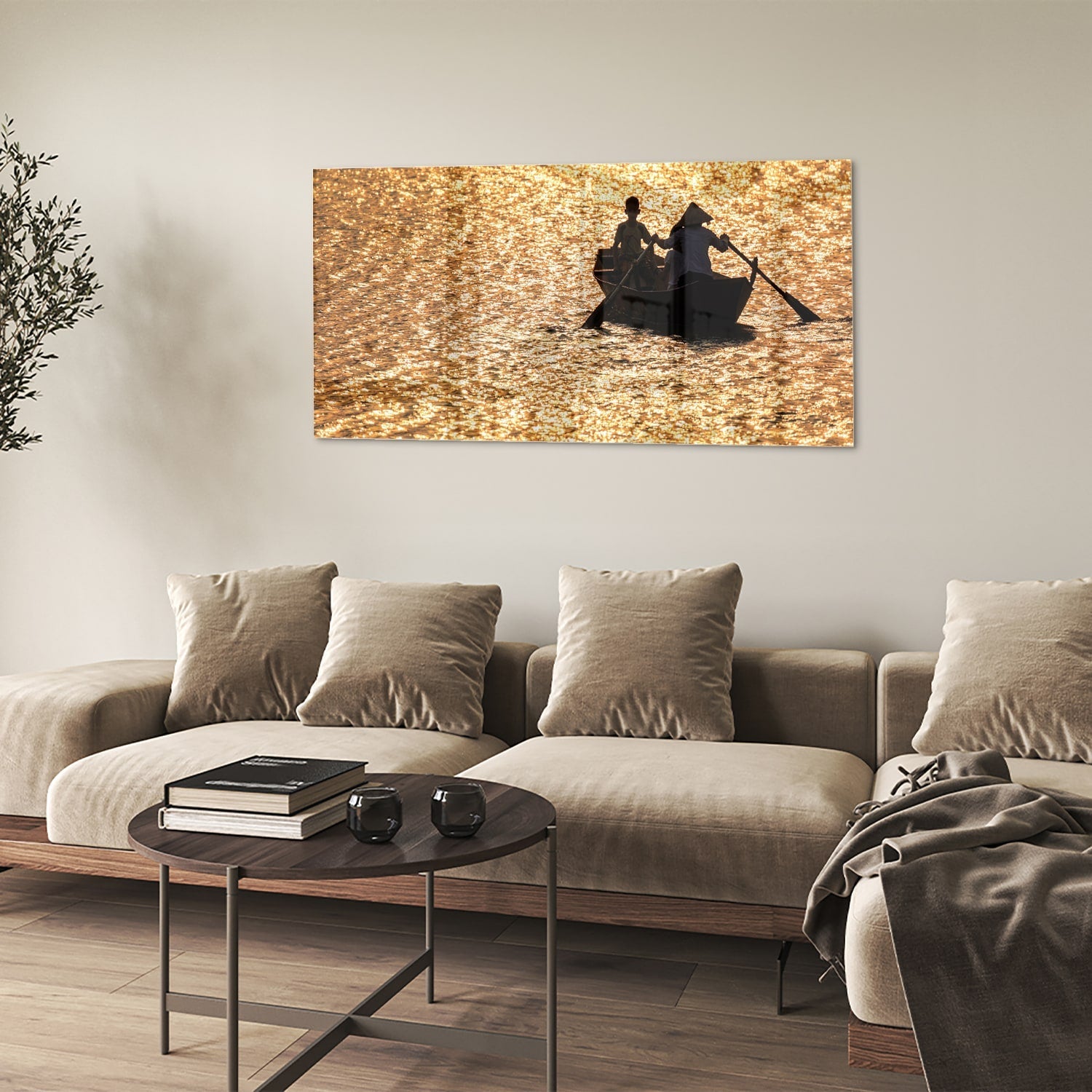 Glasbild mit Ruderboot auf goldenem Wasser – Glasbild aus Sicherheitsglas, Größe 90x60