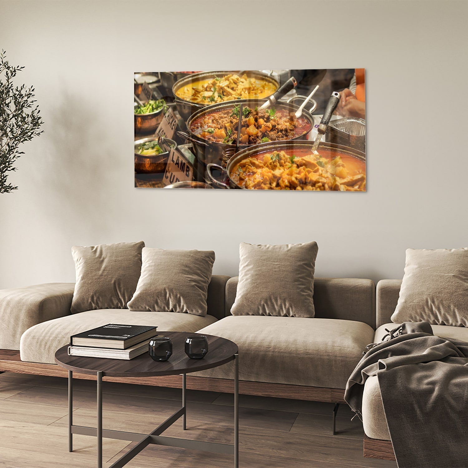 Farbenfrohes Glasbild mit indischem Essen – Glasbild aus Sicherheitsglas, Größe 90x60