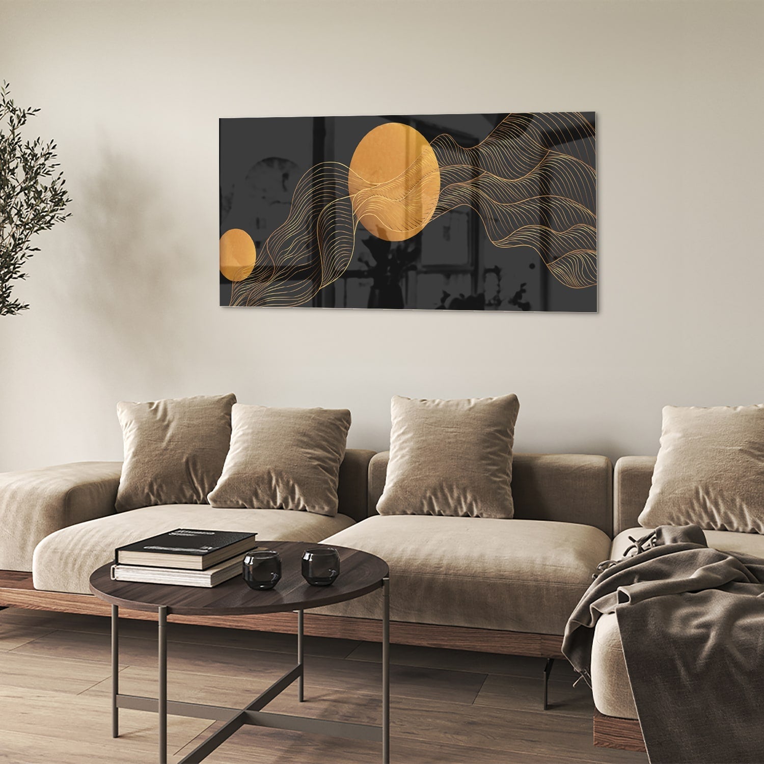 Abstraktes Glasbild mit goldener Sonne und schwarzem Design – Glasbild aus Sicherheitsglas, Größe 90x60