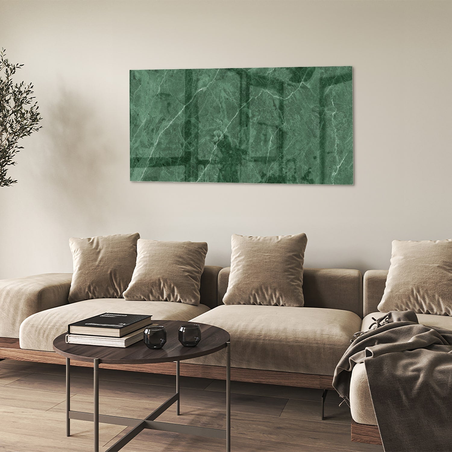 Grünes Glasbild mit Marmoroptik – Glasbild aus Sicherheitsglas, Größe 90x60