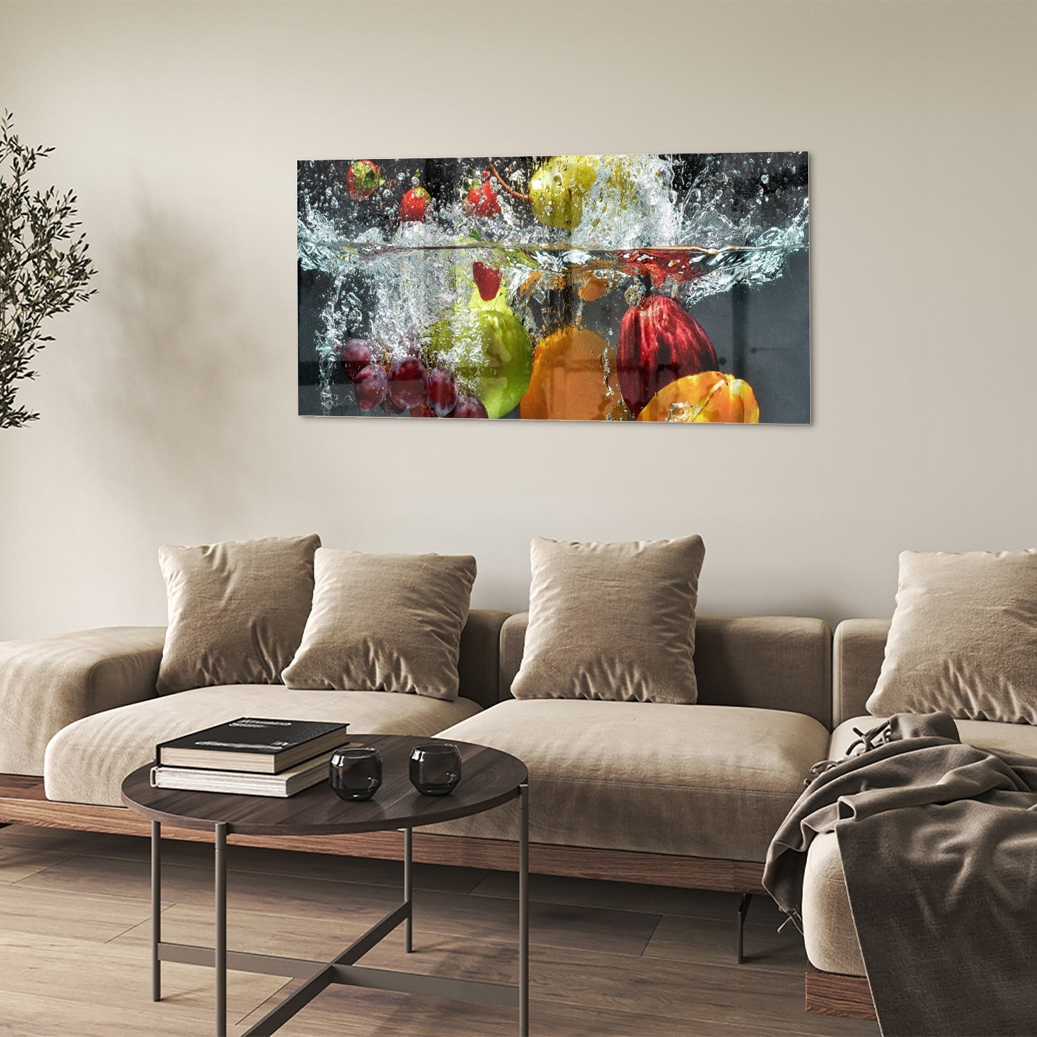 Leuchtendes Glasbild mit Früchten und Wassertropfen – Glasbild aus Sicherheitsglas, Größe 90x60