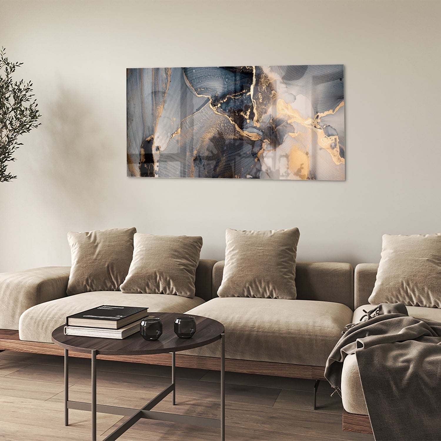 Elegantes Glasbild mit Blau und Gold – Glasbild aus Sicherheitsglas, Größe 90x60