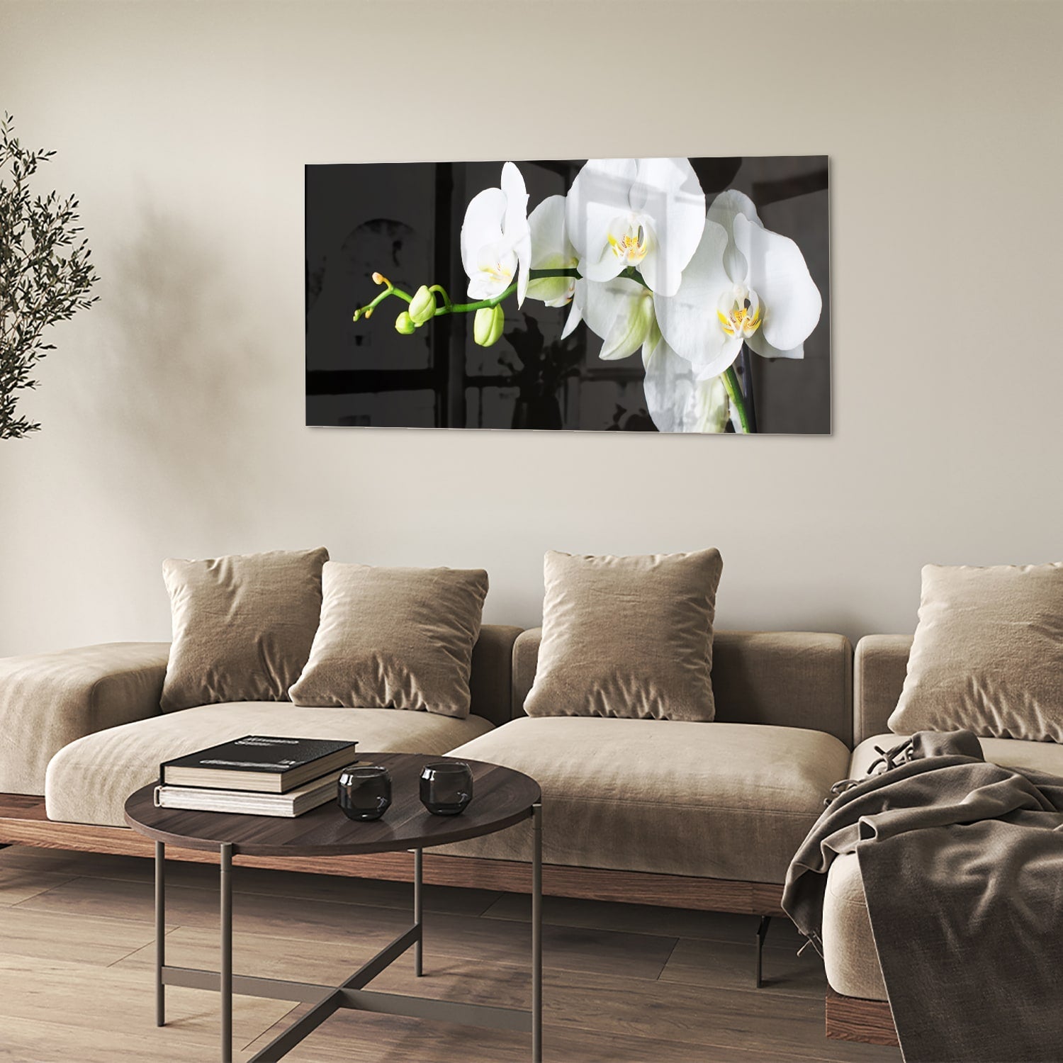 Elegantes Glasbild mit weißen Orchideen – Glasbild aus Sicherheitsglas, Größe 90x60