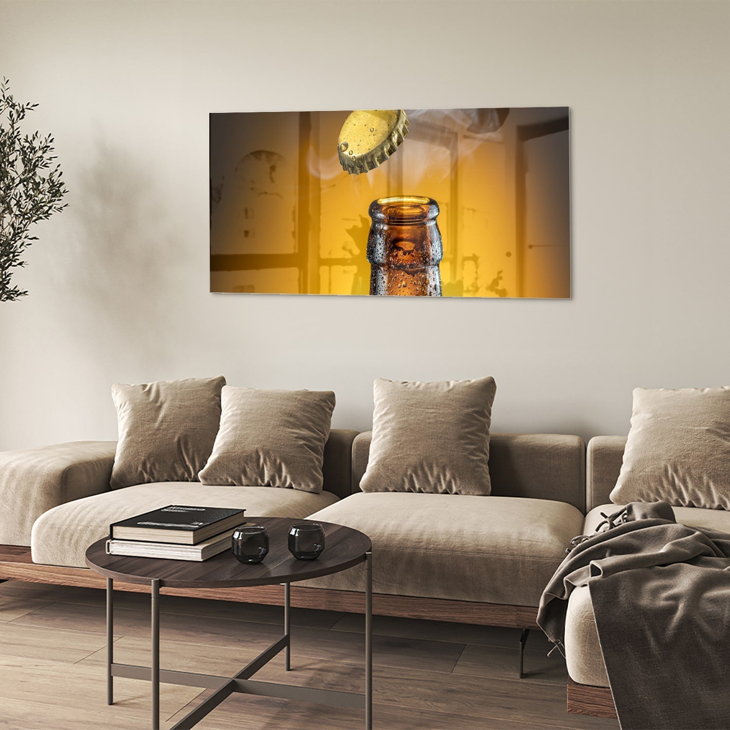 Glasbild mit aufsteigender Flasche und Verschluss – Glasbild aus Sicherheitsglas, Größe 90x60