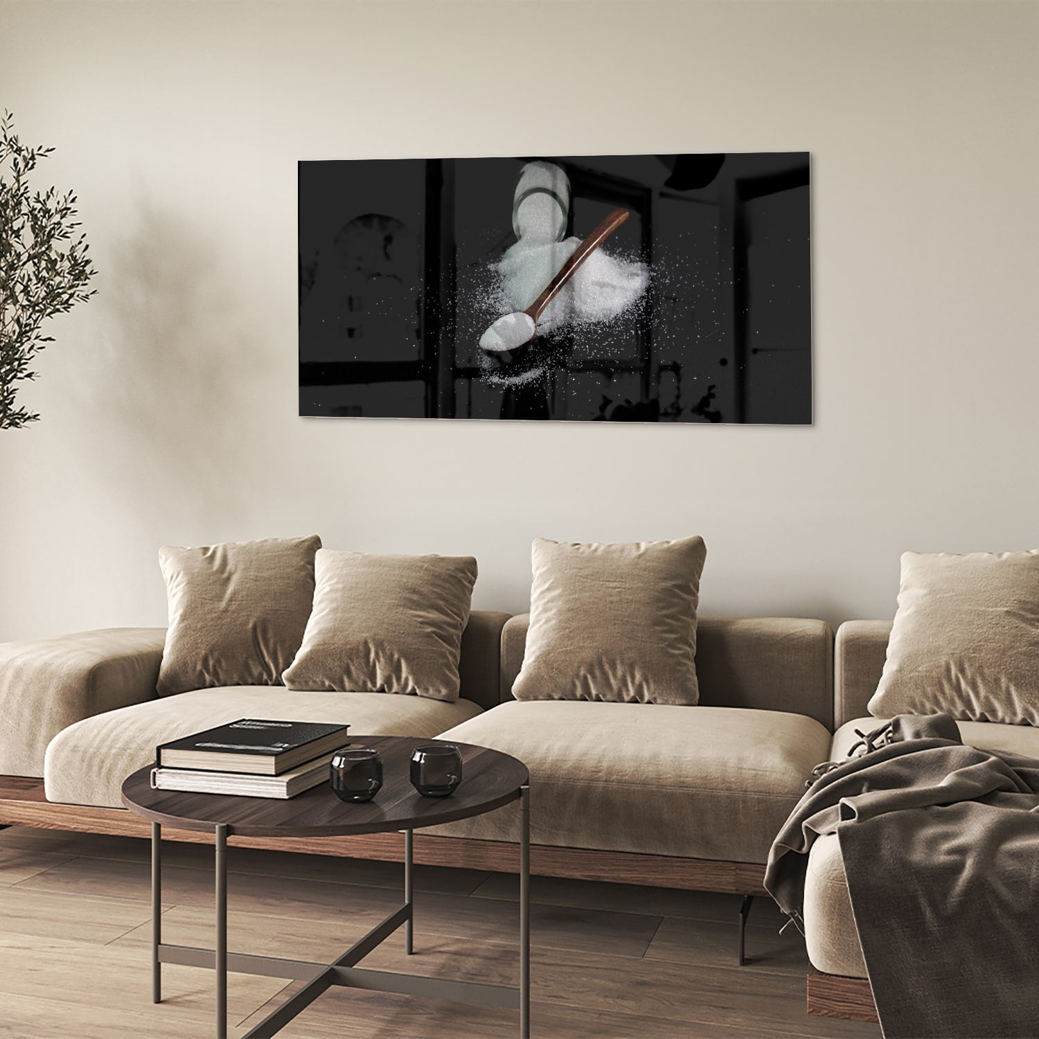 Glasbild mit Salz und Löffel auf schwarzem Hintergrund – Glasbild aus Sicherheitsglas, Größe 90x60