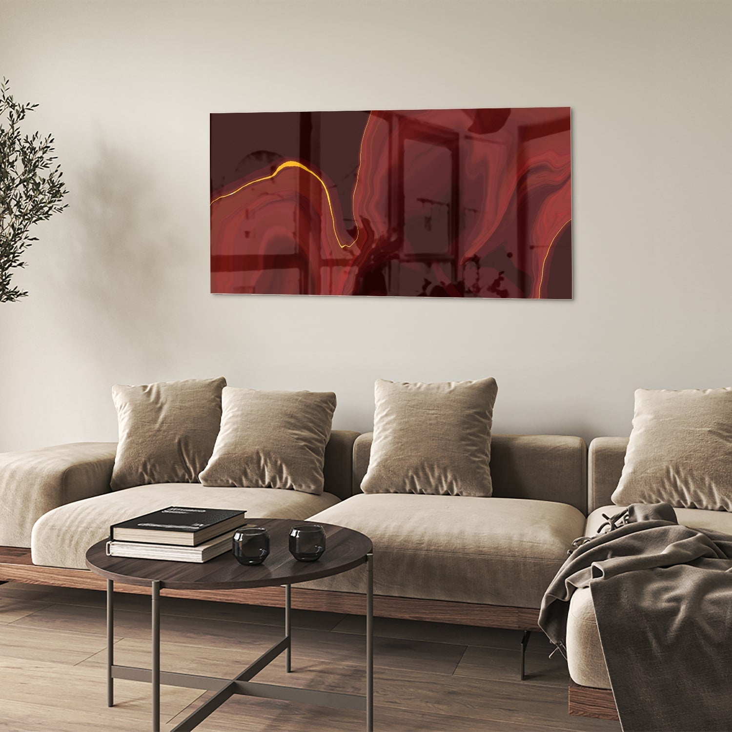 Abstraktes Glasbild mit warmen Rottönen – Glasbild aus Sicherheitsglas, Größe 90x60