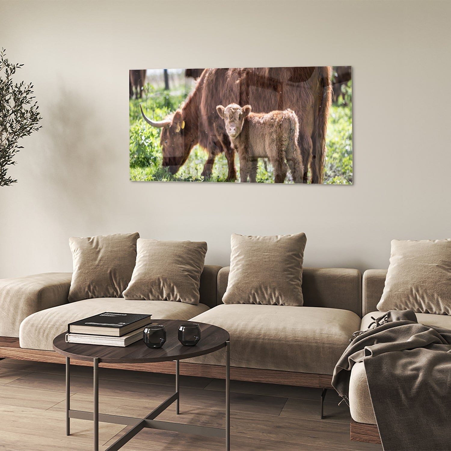 Glasbild mit Mutter und Kalb in der Natur – Glasbild aus Sicherheitsglas, Größe 90x60