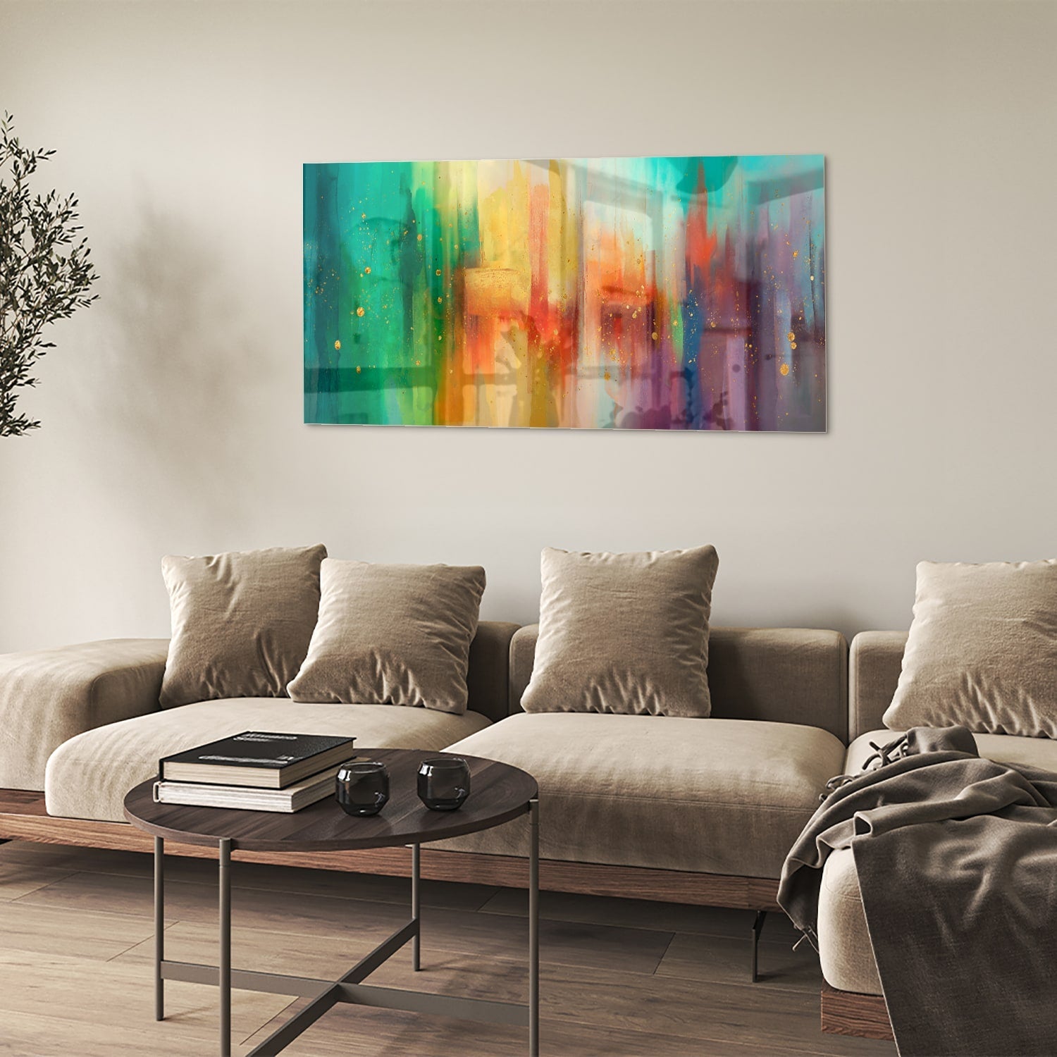 Farbenfrohes Glasbild mit abstrakten Formen – Glasbild aus Sicherheitsglas, Größe 90x60