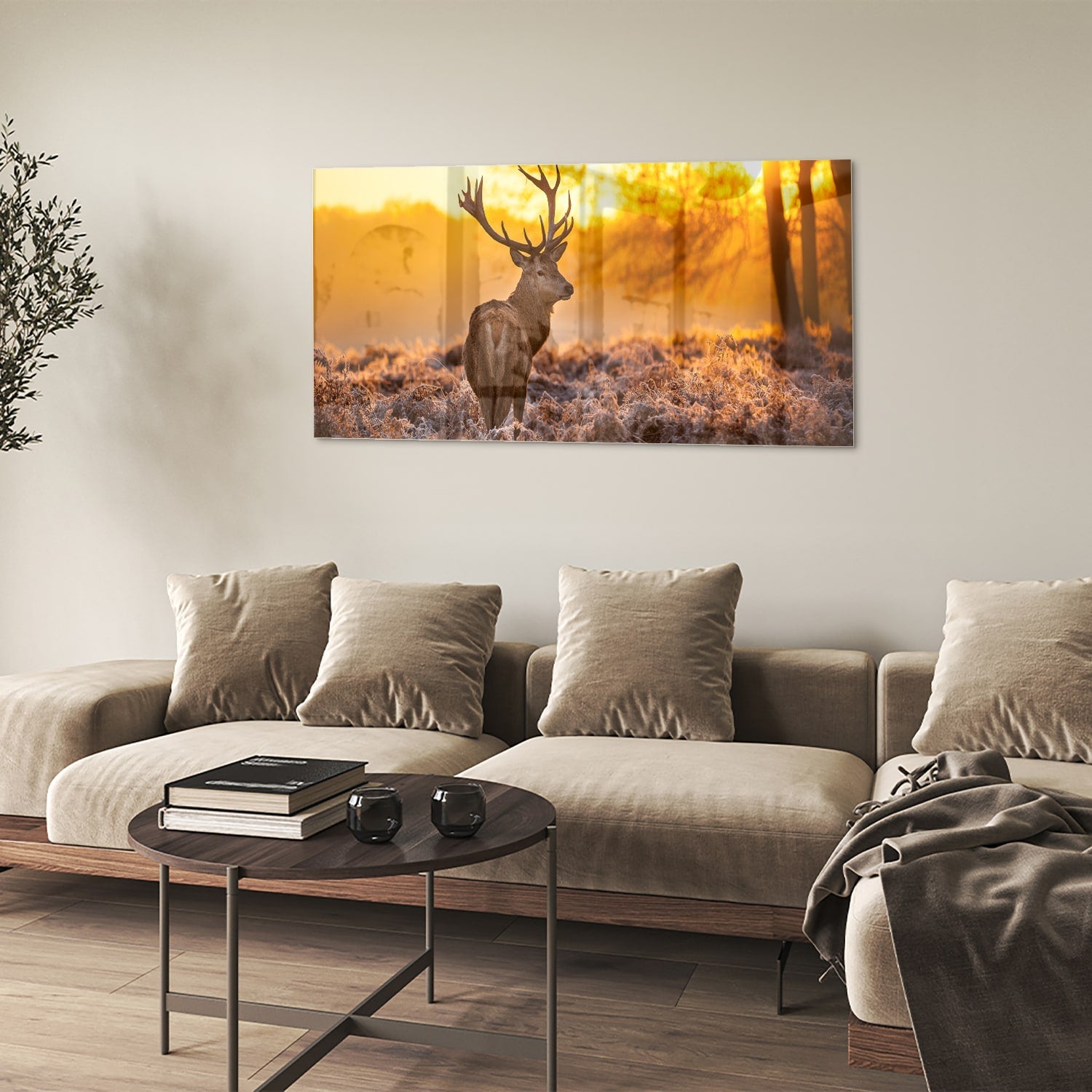 Glasbild mit einem Hirsch in der aufgehenden Sonne – Glasbild aus Sicherheitsglas, Größe 90x60