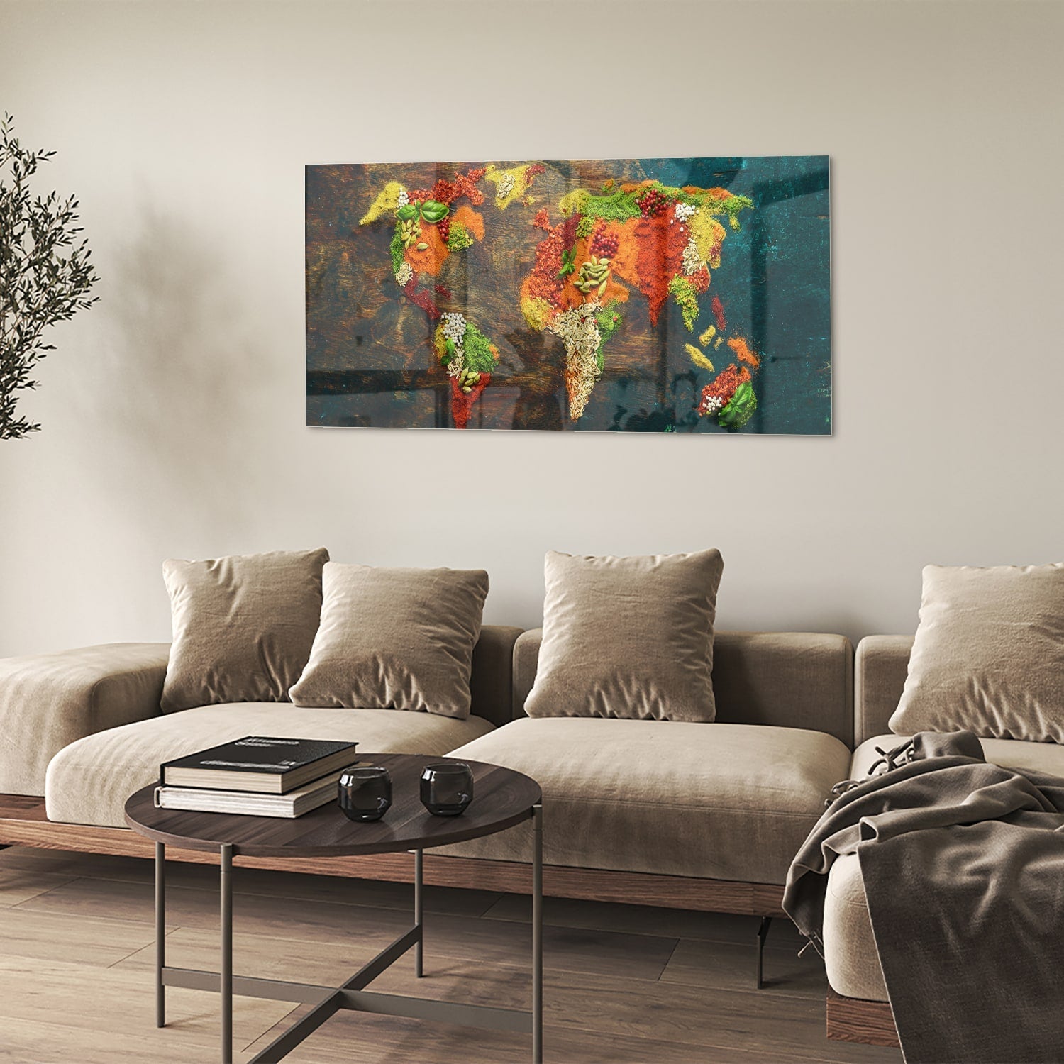 Einzigartiges Glasbild mit moderner Weltkarte – Glasbild aus Sicherheitsglas, Größe 90x60