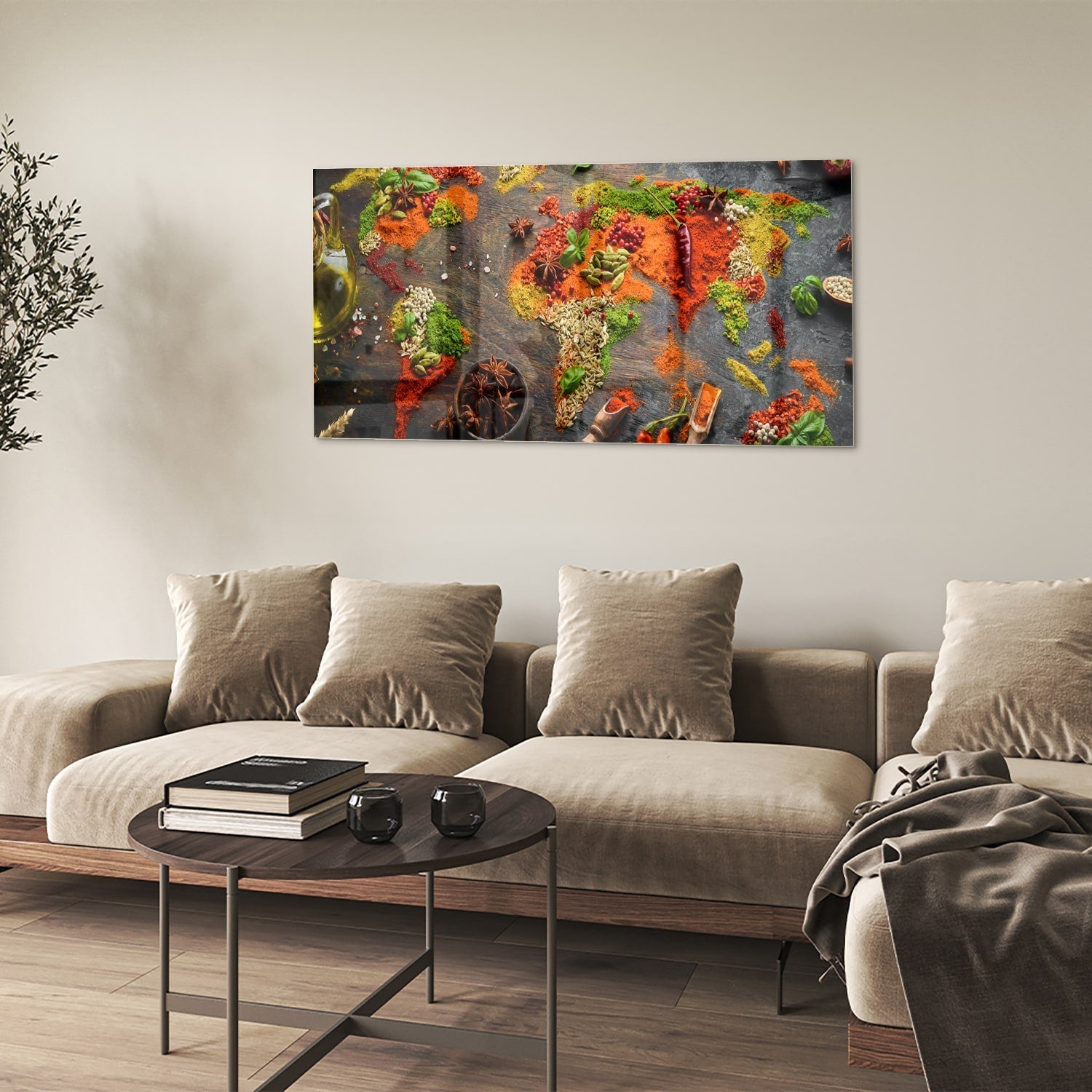Farbenfrohes Glasbild mit Gewürzen und Gemüse – Glasbild aus Sicherheitsglas, Größe 90x60