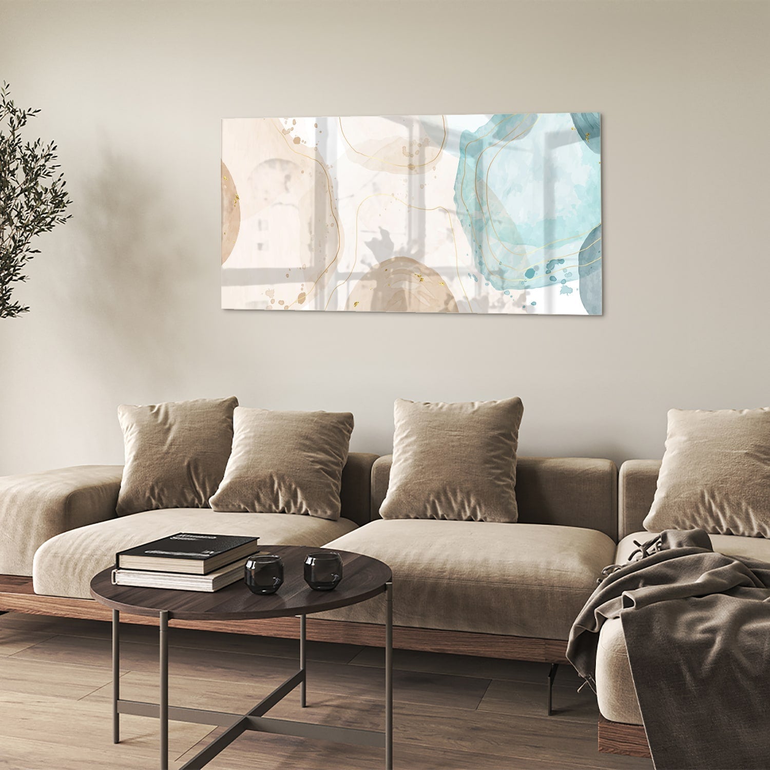Elegantes Glasbild mit sanftem Aqua und goldenen Farbtönen – Glasbild aus Sicherheitsglas, Größe 90x60