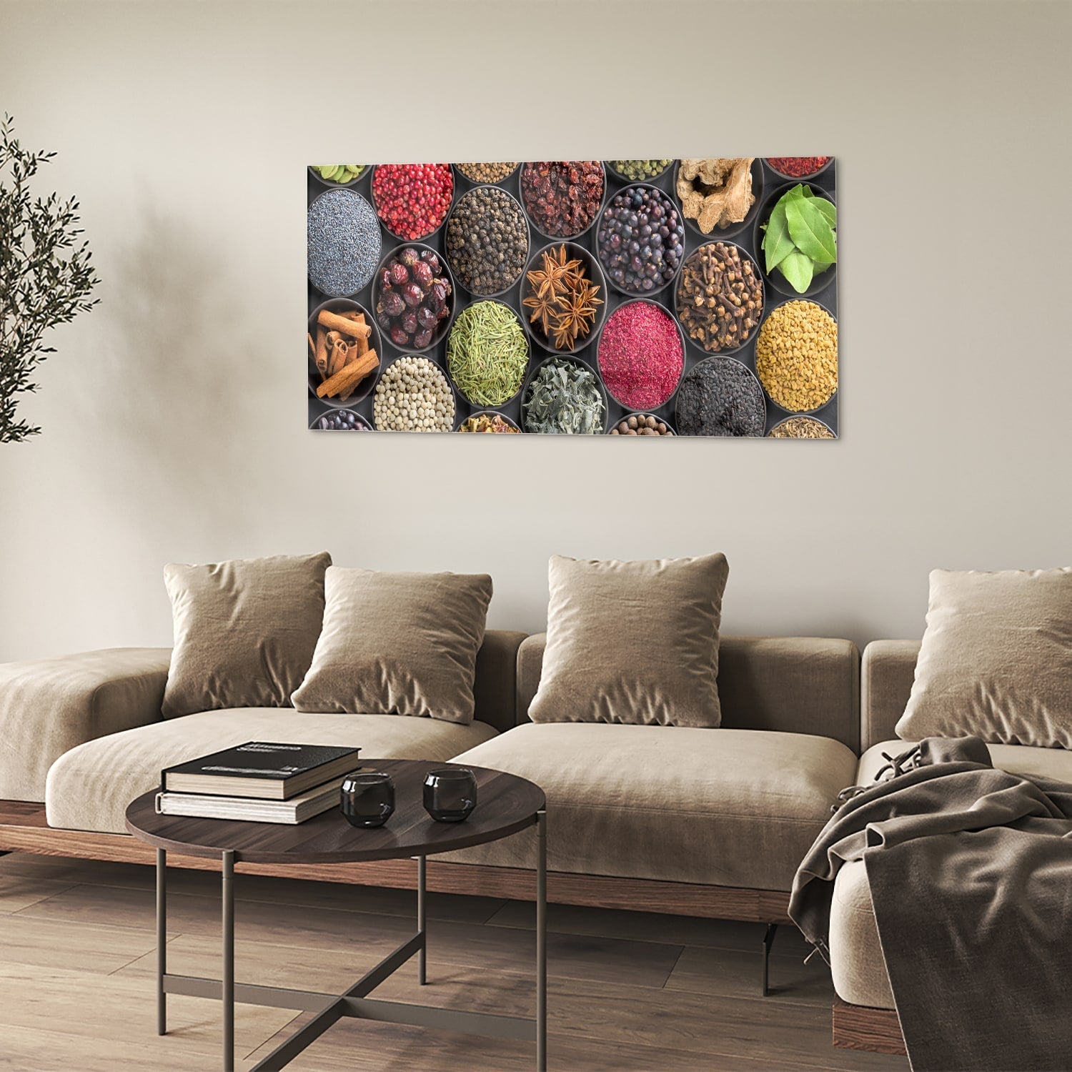 Farbenfrohes Glasbild mit Gewürzen und Kräutern – Glasbild aus Sicherheitsglas, Größe 90x60