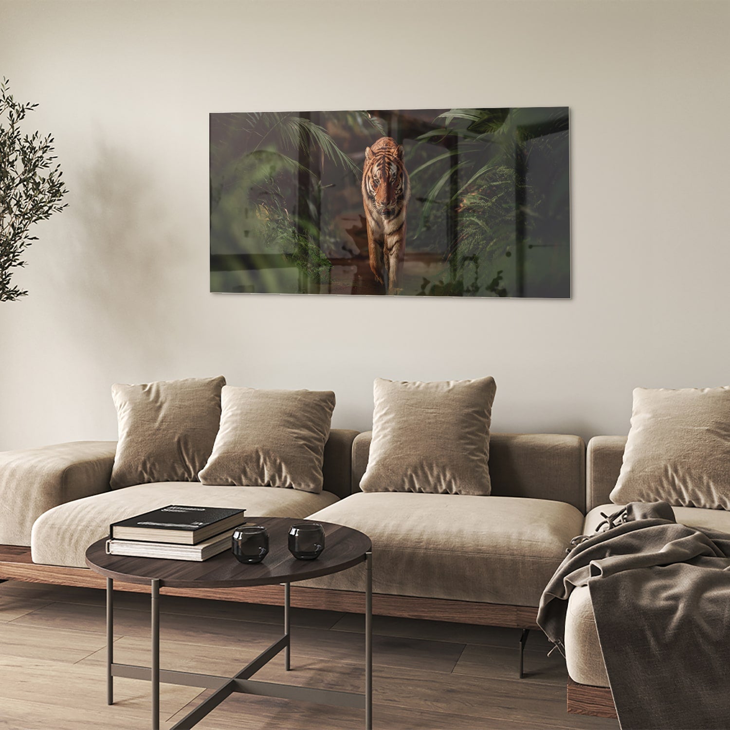 Elegantes Glasbild mit Tiger zwischen Blättern – Glasbild aus Sicherheitsglas, Größe 90x60