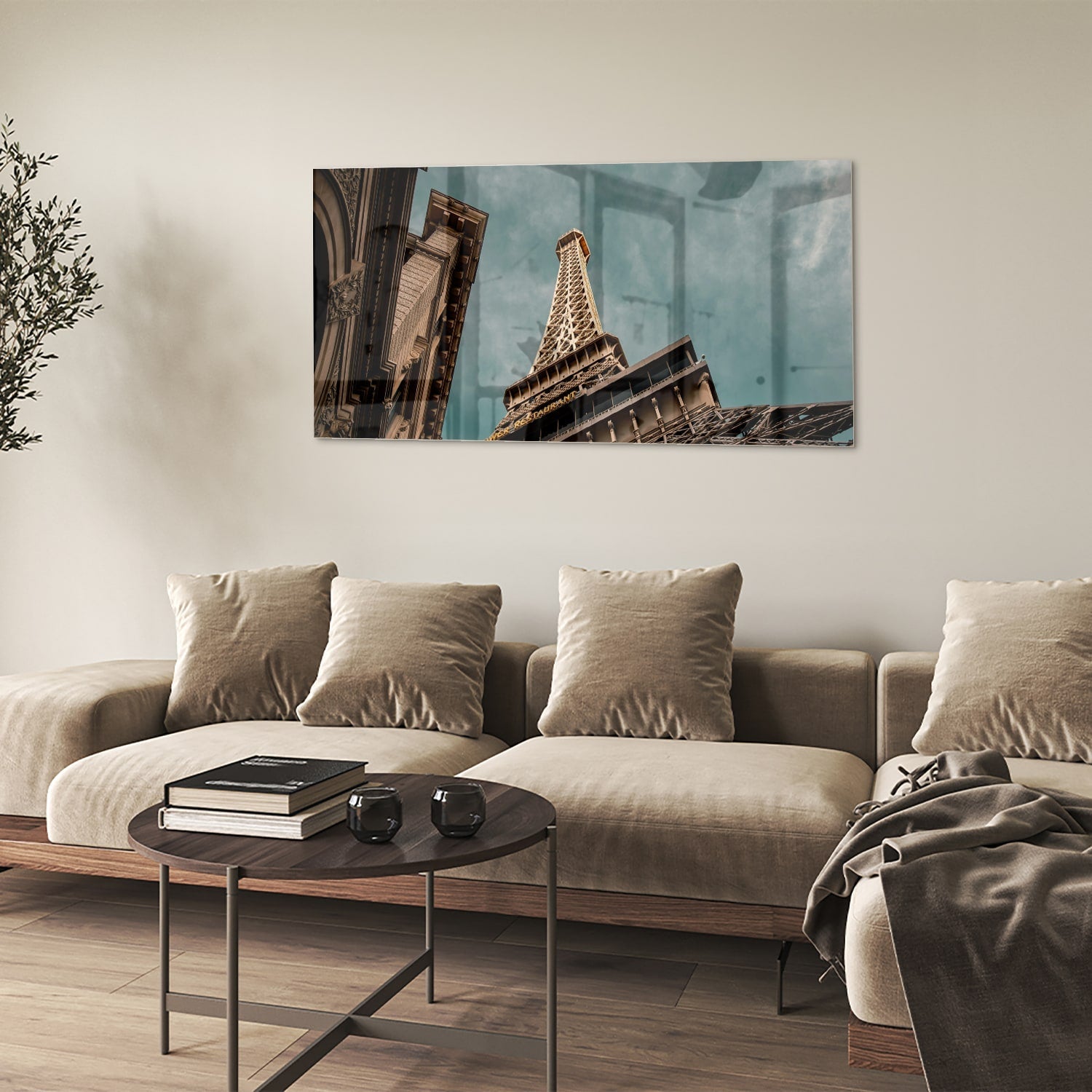 Glasbild mit dem Eiffelturm in luxuriöser Optik – Glasbild aus Sicherheitsglas, Größe 90x60