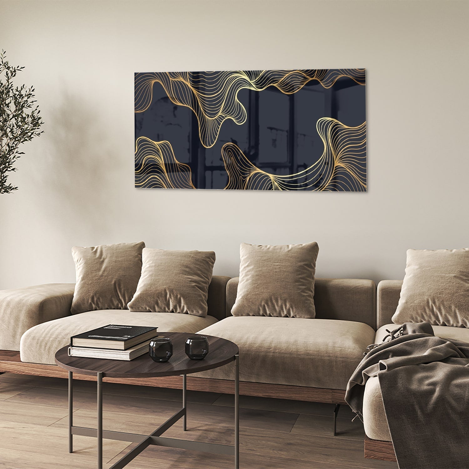 Elegantes Glasbild mit goldenen Linien auf dunkelblauem Hintergrund – Glasbild aus Sicherheitsglas, Größe 90x60