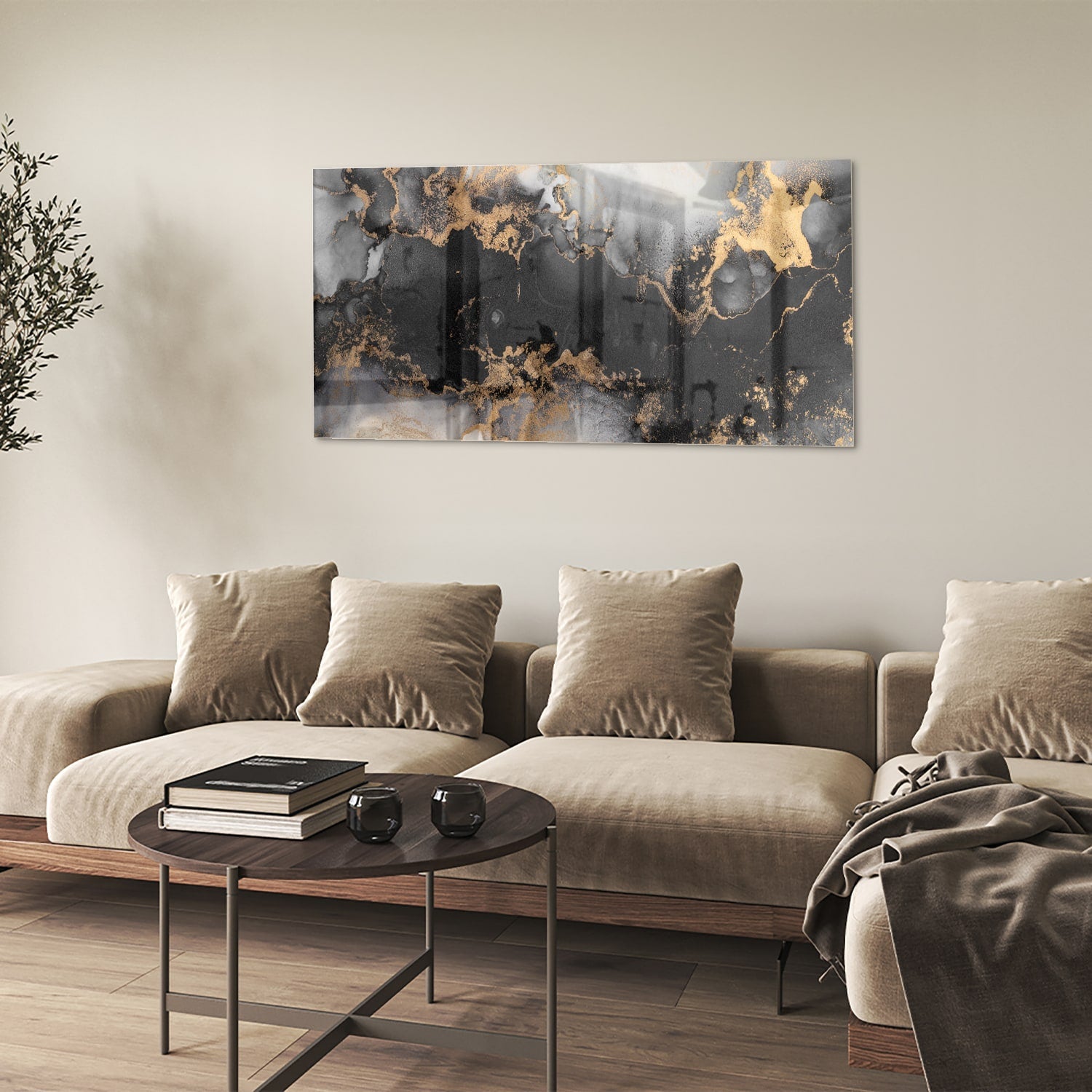 Elegantes Glasbild mit Gold und Schwarz – Glasbild aus Sicherheitsglas, Größe 90x60