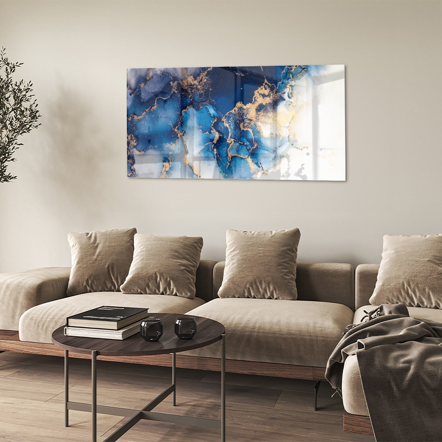 Mehrschichtiges Glasbild in Blau und Gold – Glasbild aus Sicherheitsglas, Größe 90x60