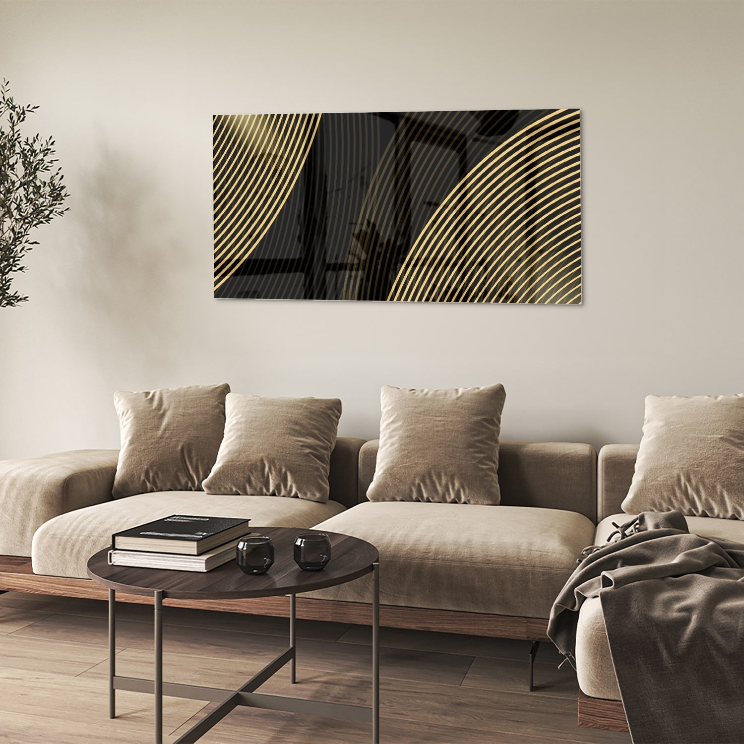 Geradliniges Glasbild mit goldenen Linien – Glasbild aus Sicherheitsglas, Größe 90x60