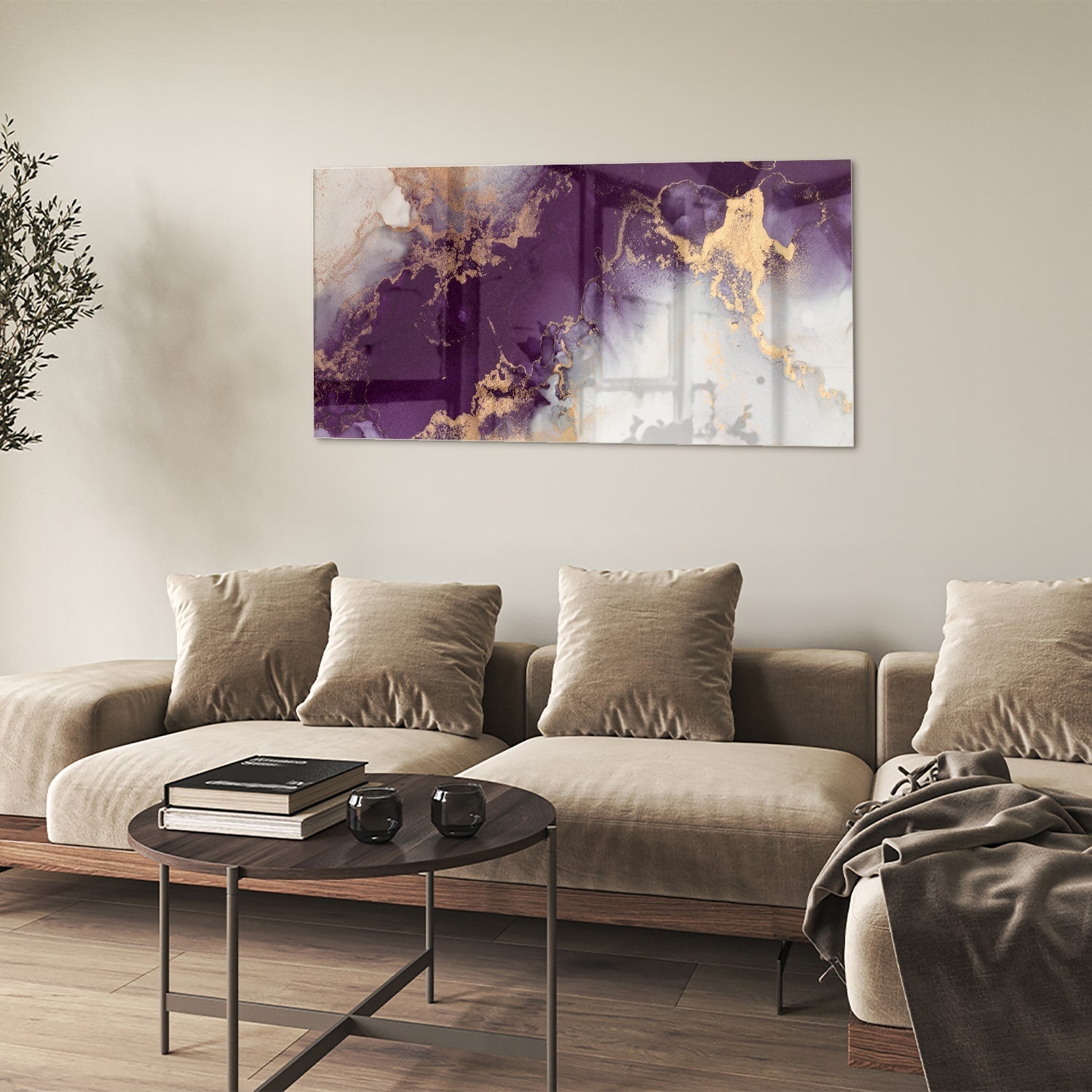 Violettes Glasbild mit goldenen Akzenten – Glasbild aus Sicherheitsglas, Größe 90x60