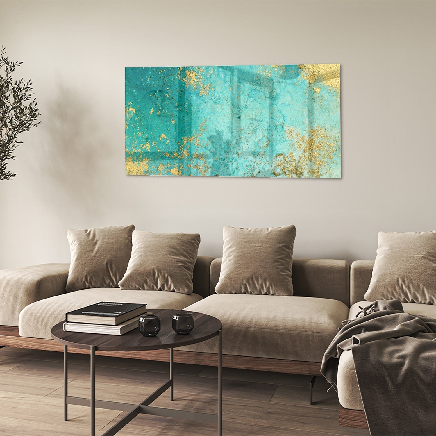Glasbild mit goldenen Akzenten auf Türkis – Glasbild aus Sicherheitsglas, Größe 90x60