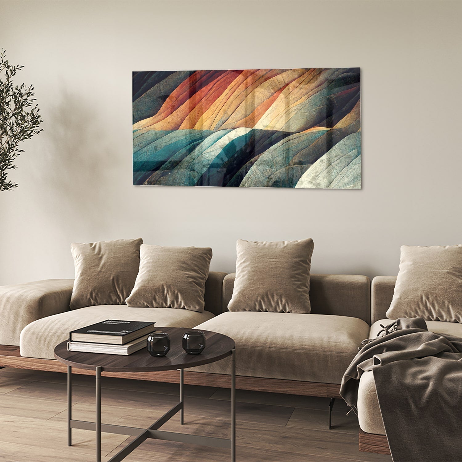 Abstraktes Glasbild mit farbenfrohen Wellen – Glasbild aus Sicherheitsglas, Größe 90x60