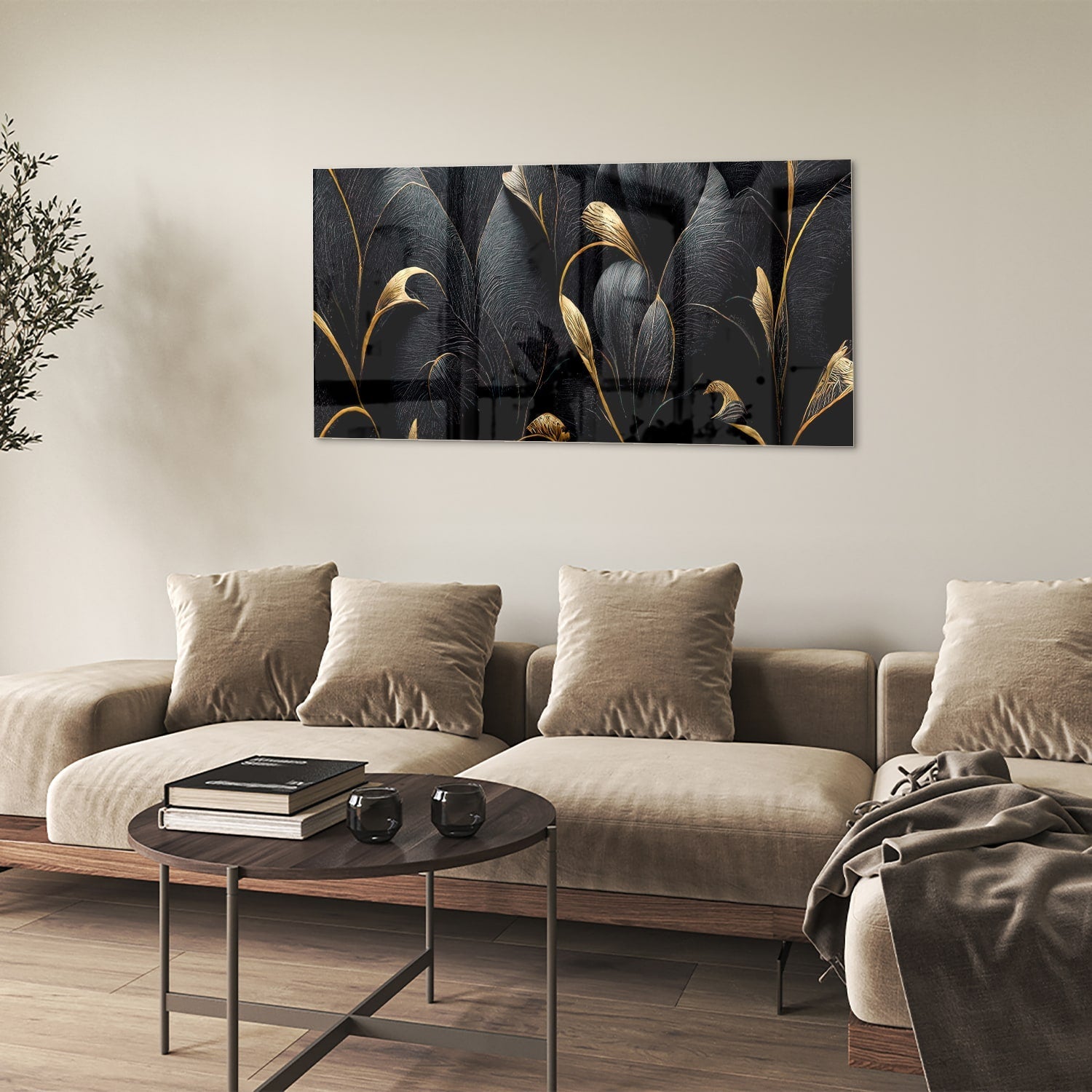 Elegantes Glasbild mit goldenen Blättern – Glasbild aus Sicherheitsglas, Größe 90x60